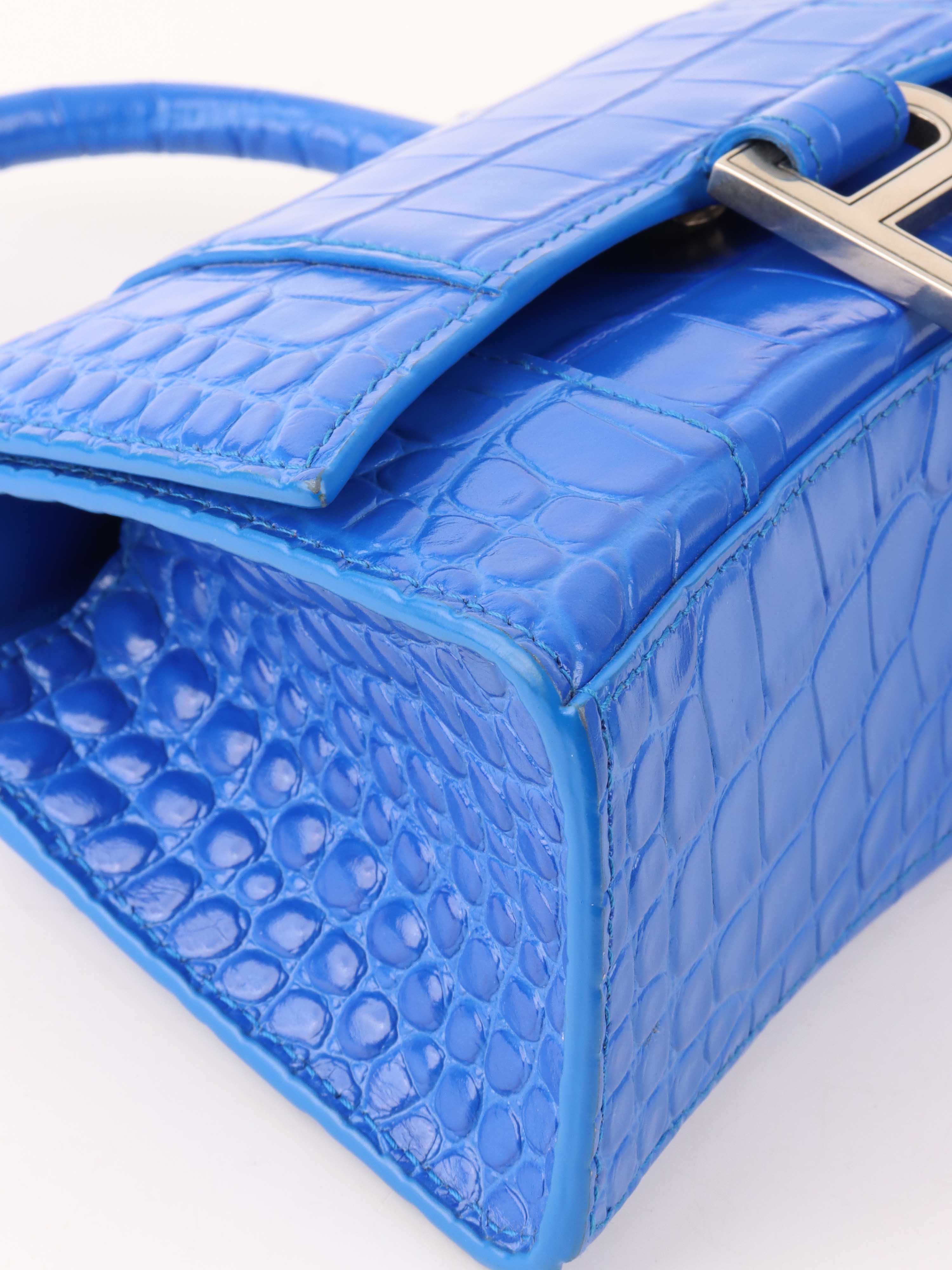 Balenciaga Bright Blue Crocodile Embossed Hourglass XS Bag.