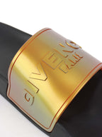 Givenchy Black/ Orange Iridescent Logo Slide Sandal.