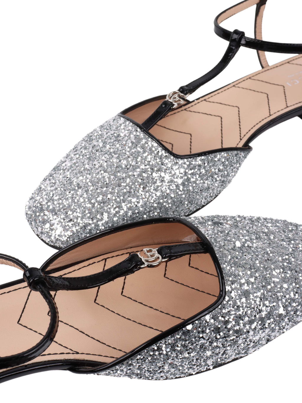 Gucci Silver Glitter Double G Ballet Flats.