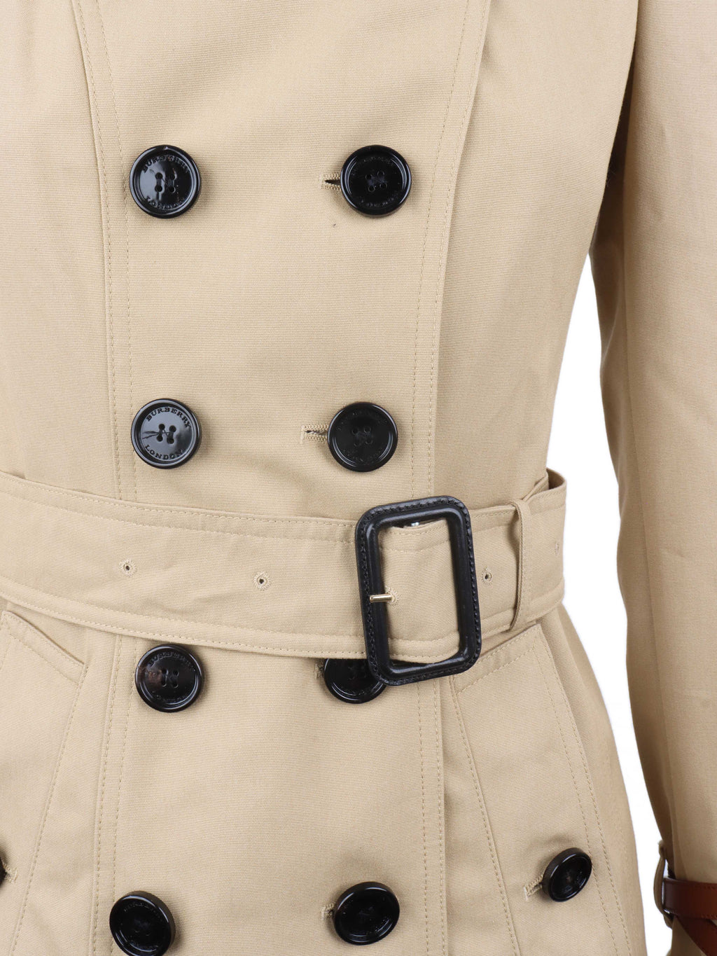 Burberry Tan Trench Coat with Leather Sleeve Straps.