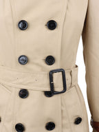 Burberry Tan Trench Coat with Leather Sleeve Straps.