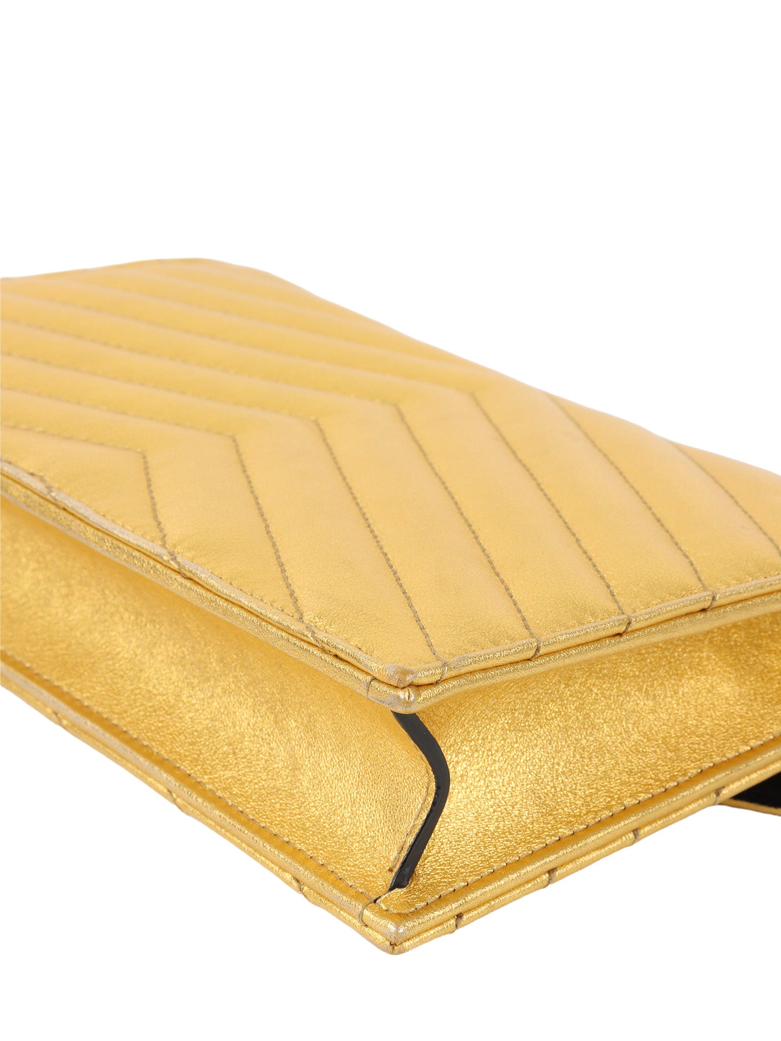 Saint Laurent Cassandra Matelasse Gold Envelope Chain Wallet.