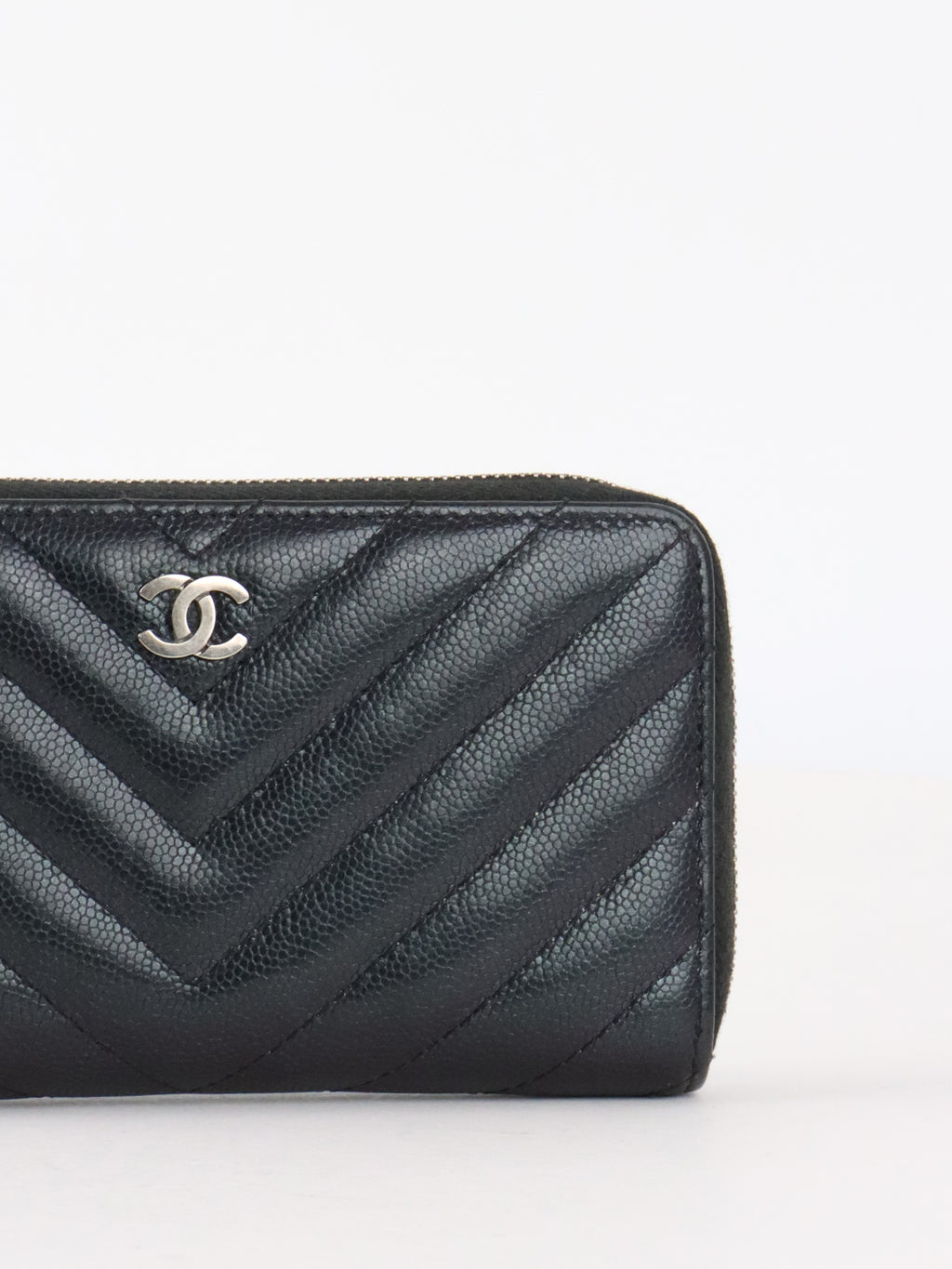 Chanel Irredescent Dark Charcoal Caviar Chevron Zip Wallet