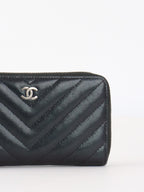 Chanel Irredescent Dark Charcoal Caviar Chevron Zip Wallet