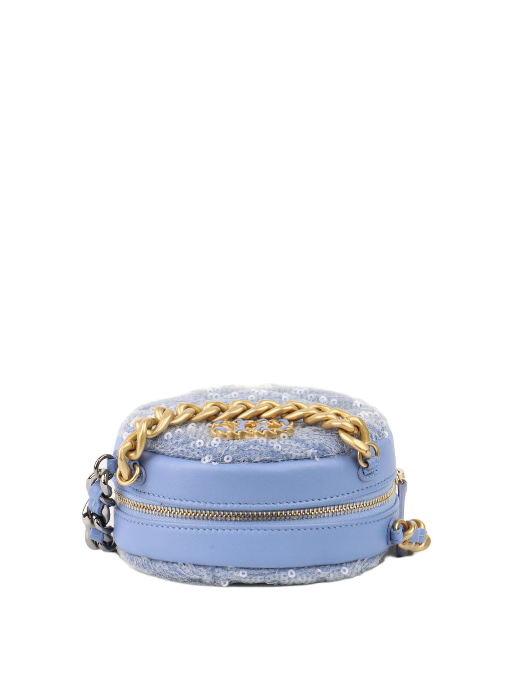 Chanel 19 Round Blue Sequinned Clutch with Chain.