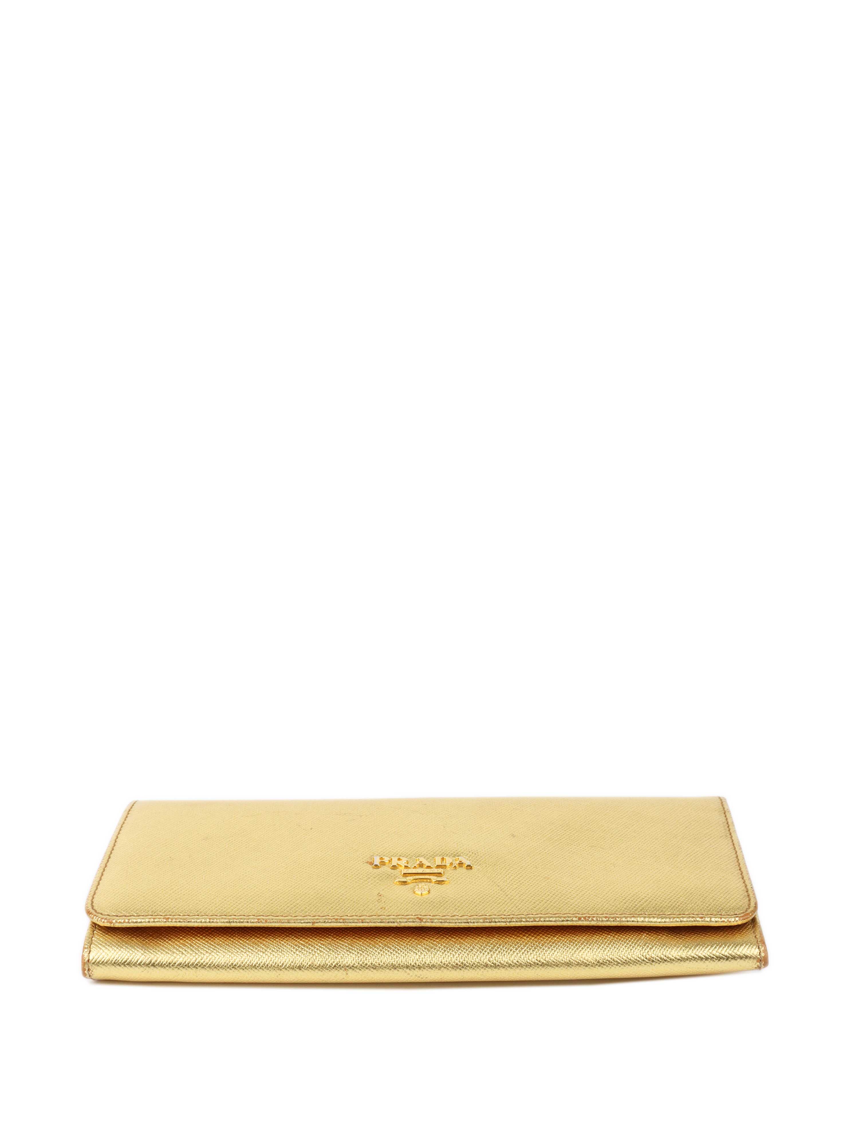 Prada Gold Saffiano Leather Wallet.