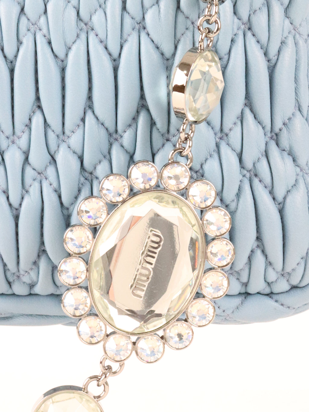 Miu Miu Light Blue Matelasse Nappa Crystal Chain Satchel