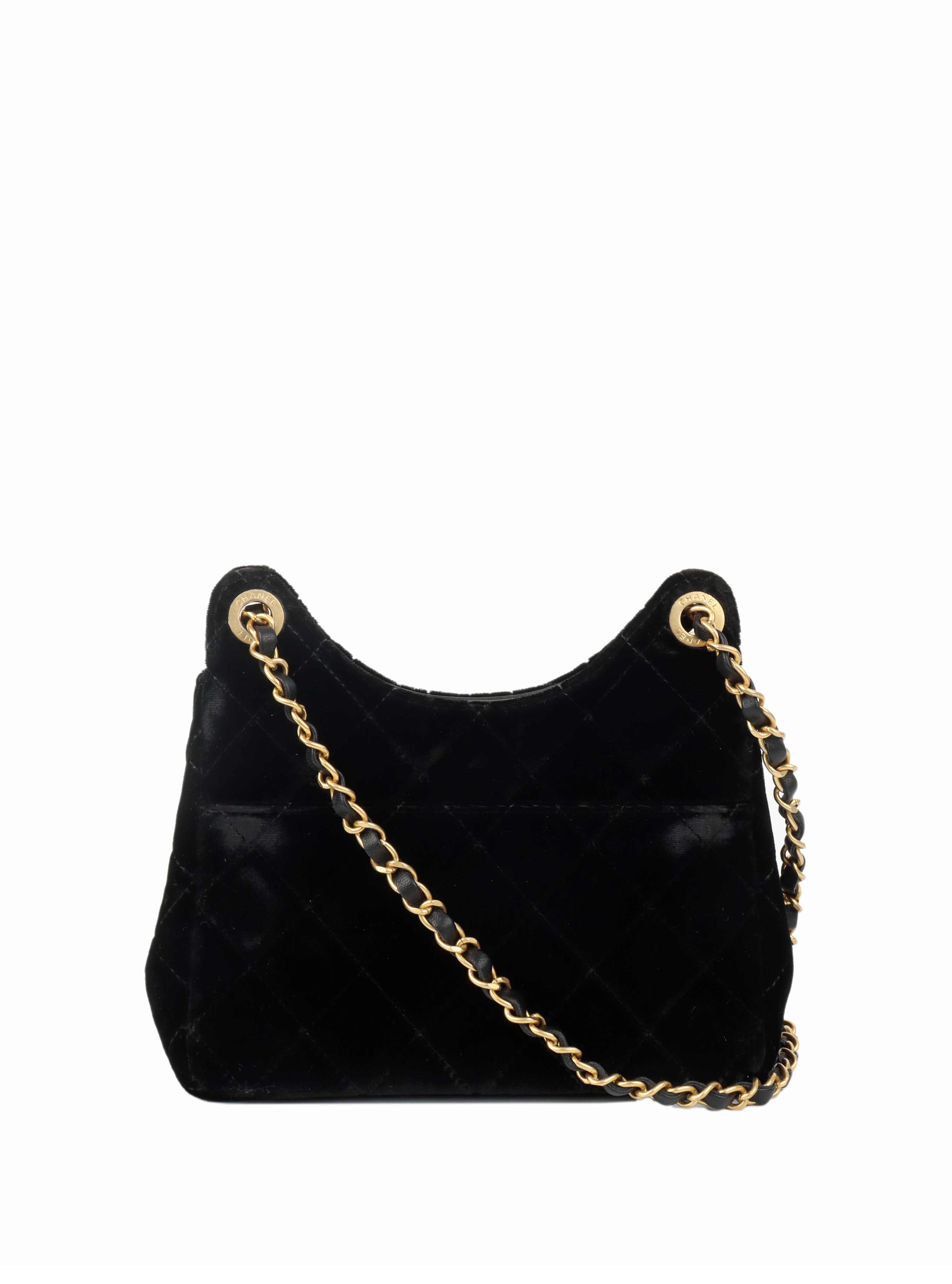 Chanel Black Small Quilted Velvet Wavy CC Hobo Bag.