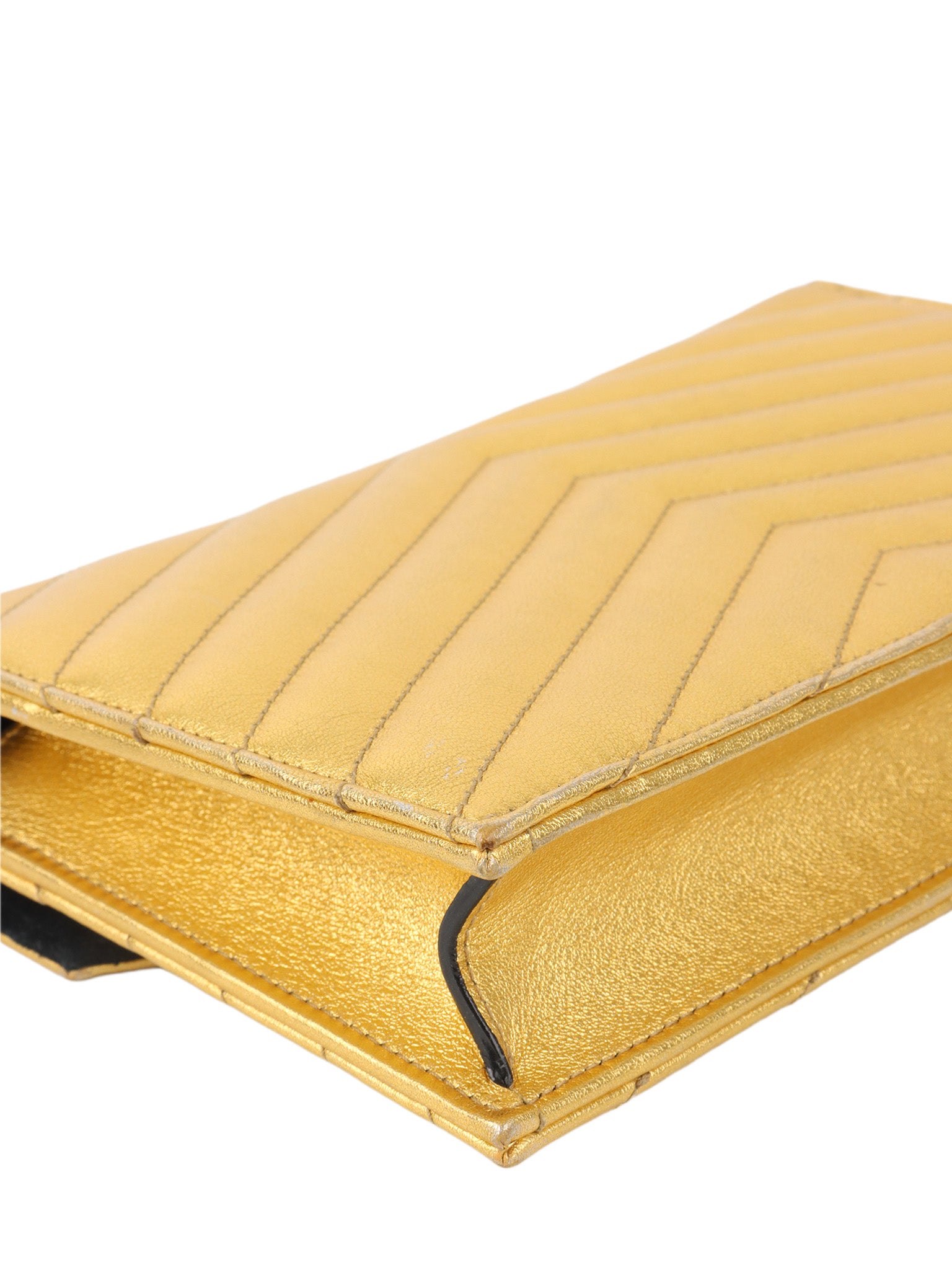 Saint Laurent Cassandra Matelasse Gold Envelope Chain Wallet.