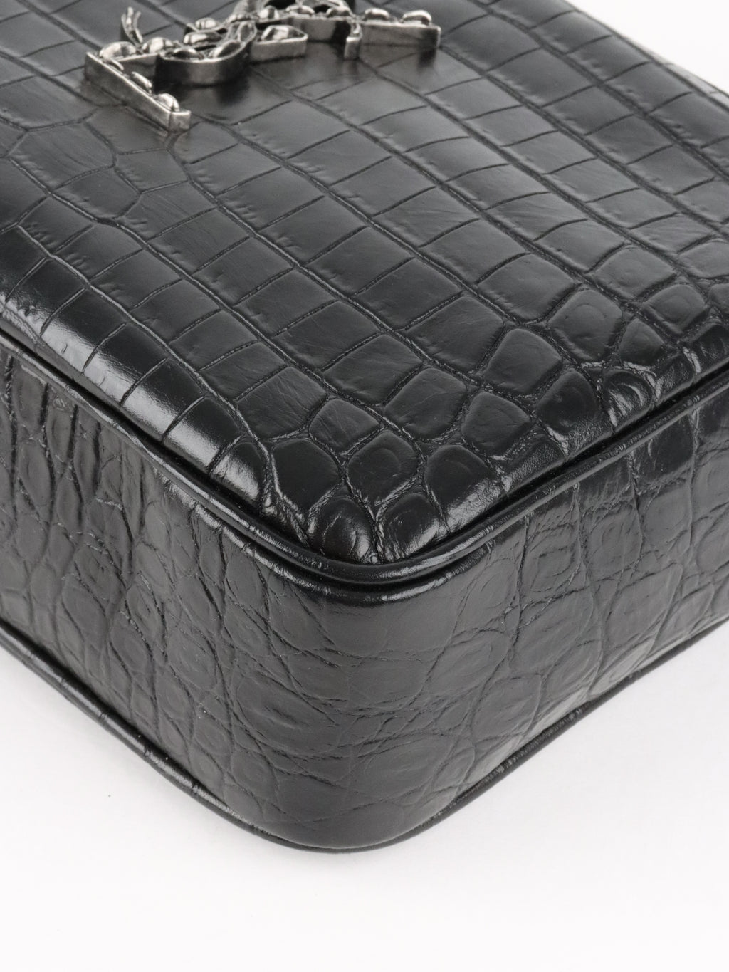 Saint Laurent Black Croc Embossed Camera Lou Bag