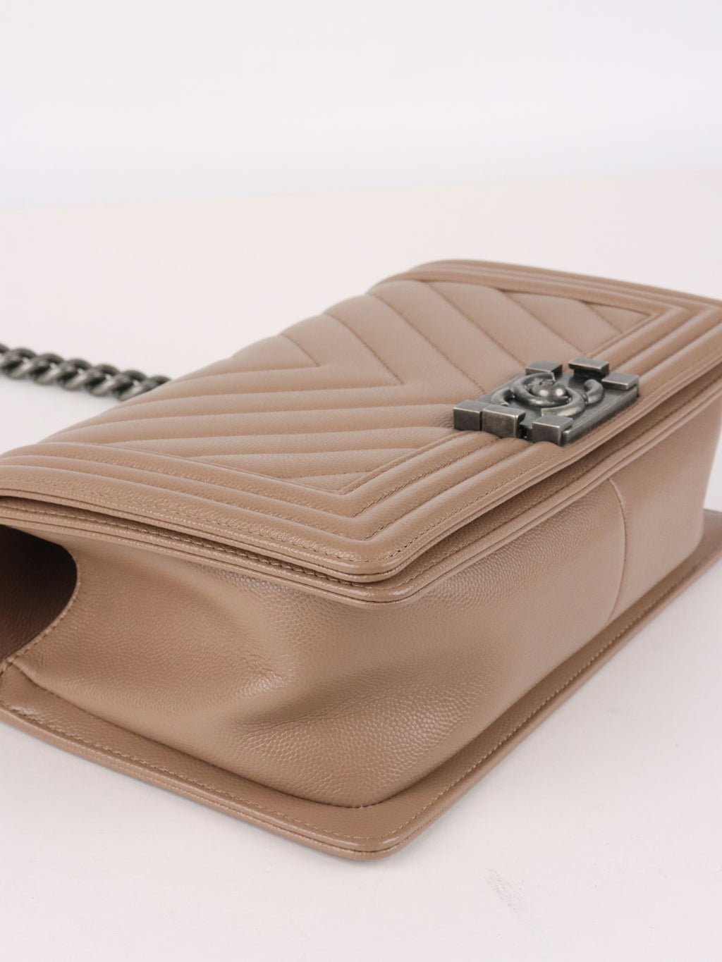 Chanel Dark Beige Chevron Old Medium Caviar Boy Bag