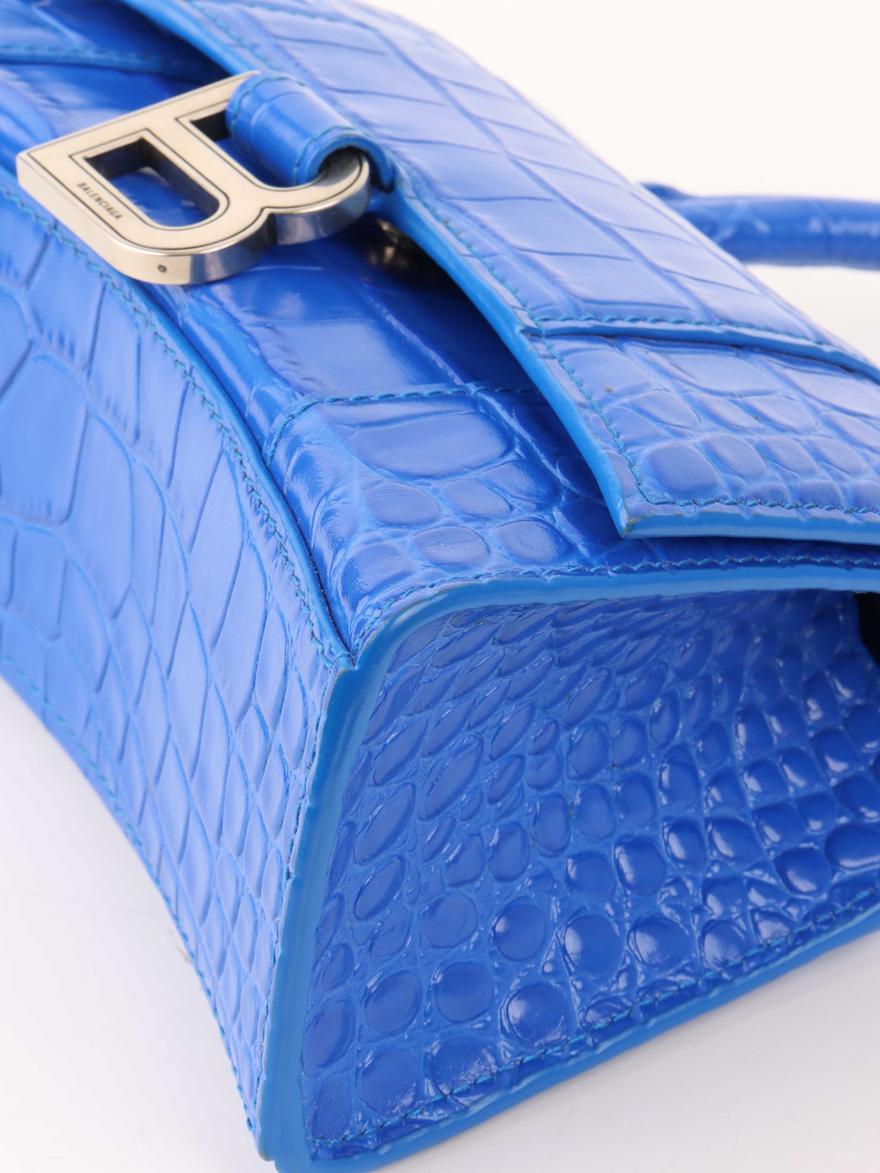 Balenciaga Bright Blue Crocodile Embossed Hourglass XS Bag.