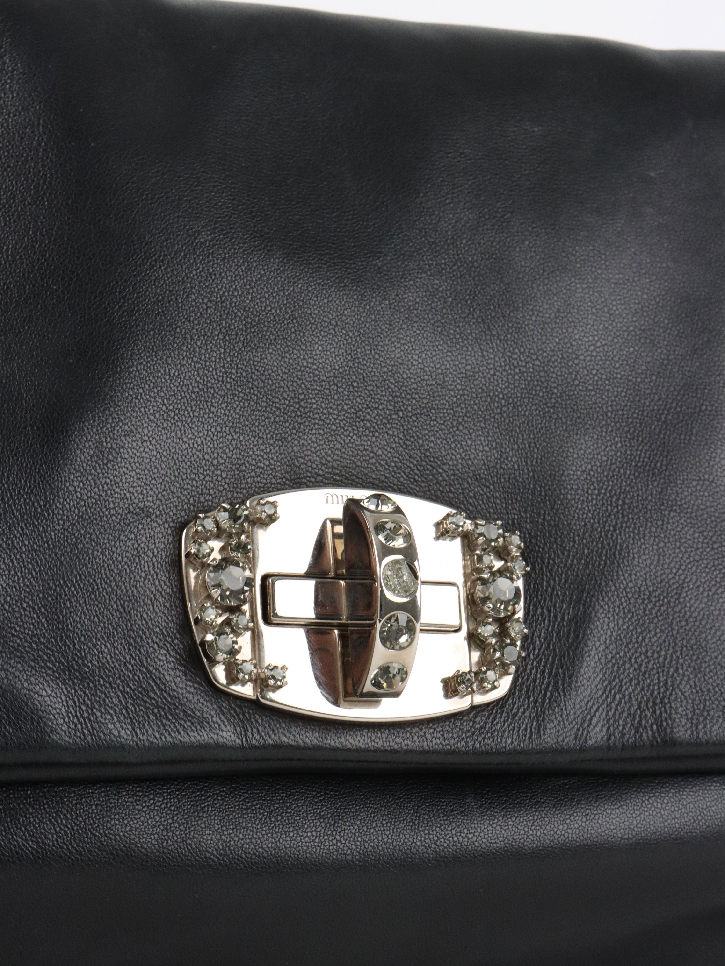 Miu Miu Black Smooth Leather with Crystal Strap Bag