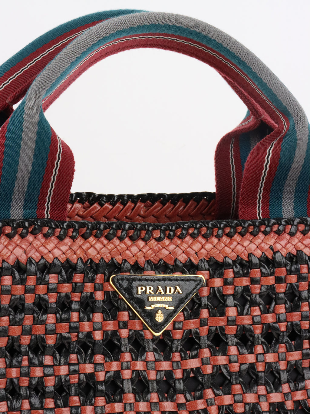 Prada Red/Black Madras Woven Leather Tote Bag