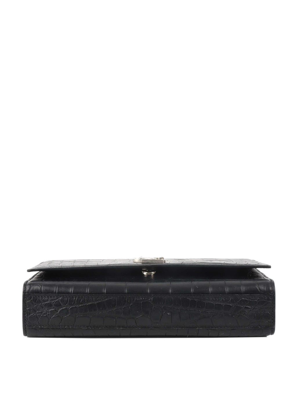 Saint Laurent Black Crocodile Embossed Chain Top Handle Kate Bag.