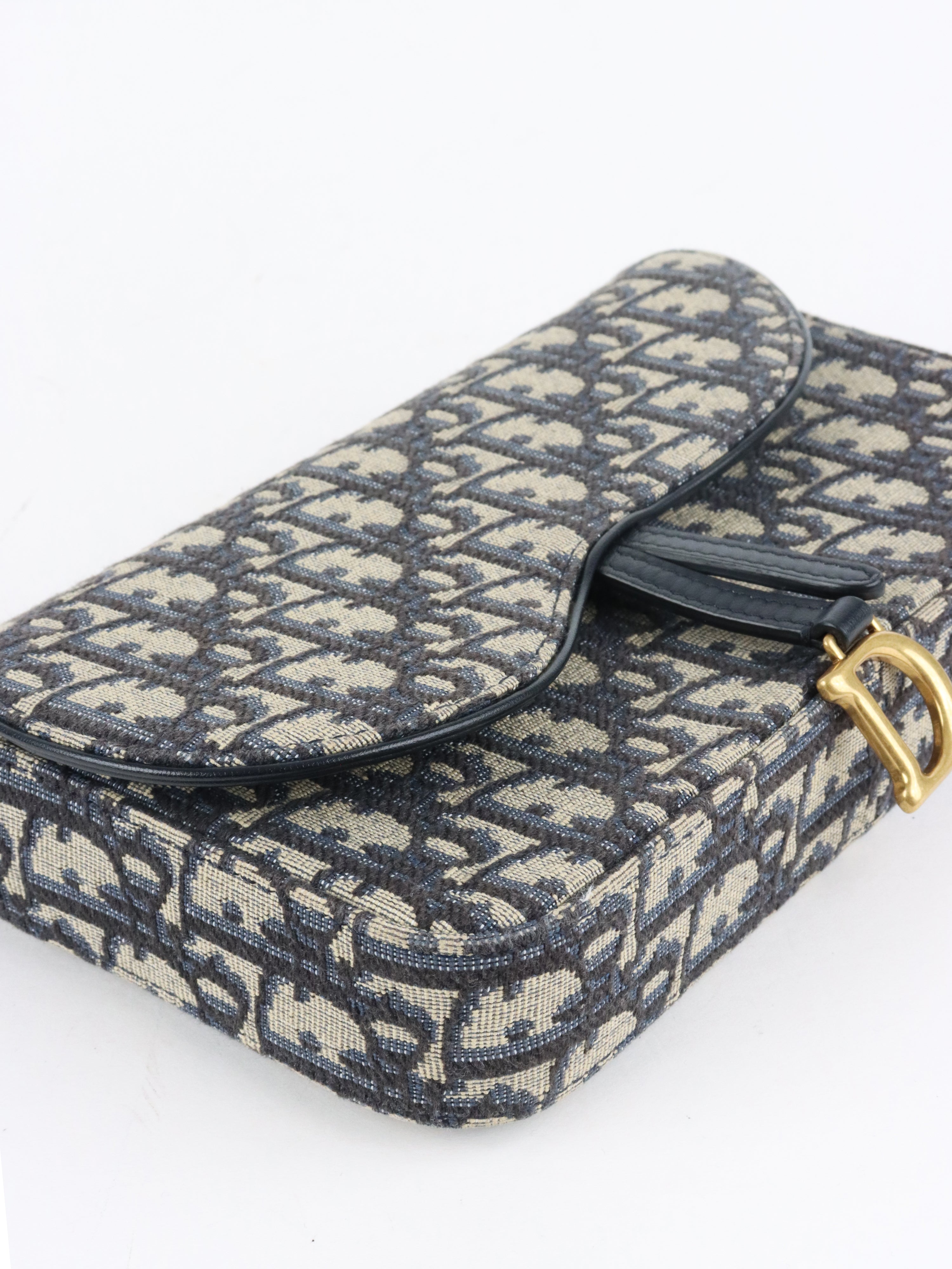 Dior Blue Oblique Jacquard Medium Saddle Pouch with Chain