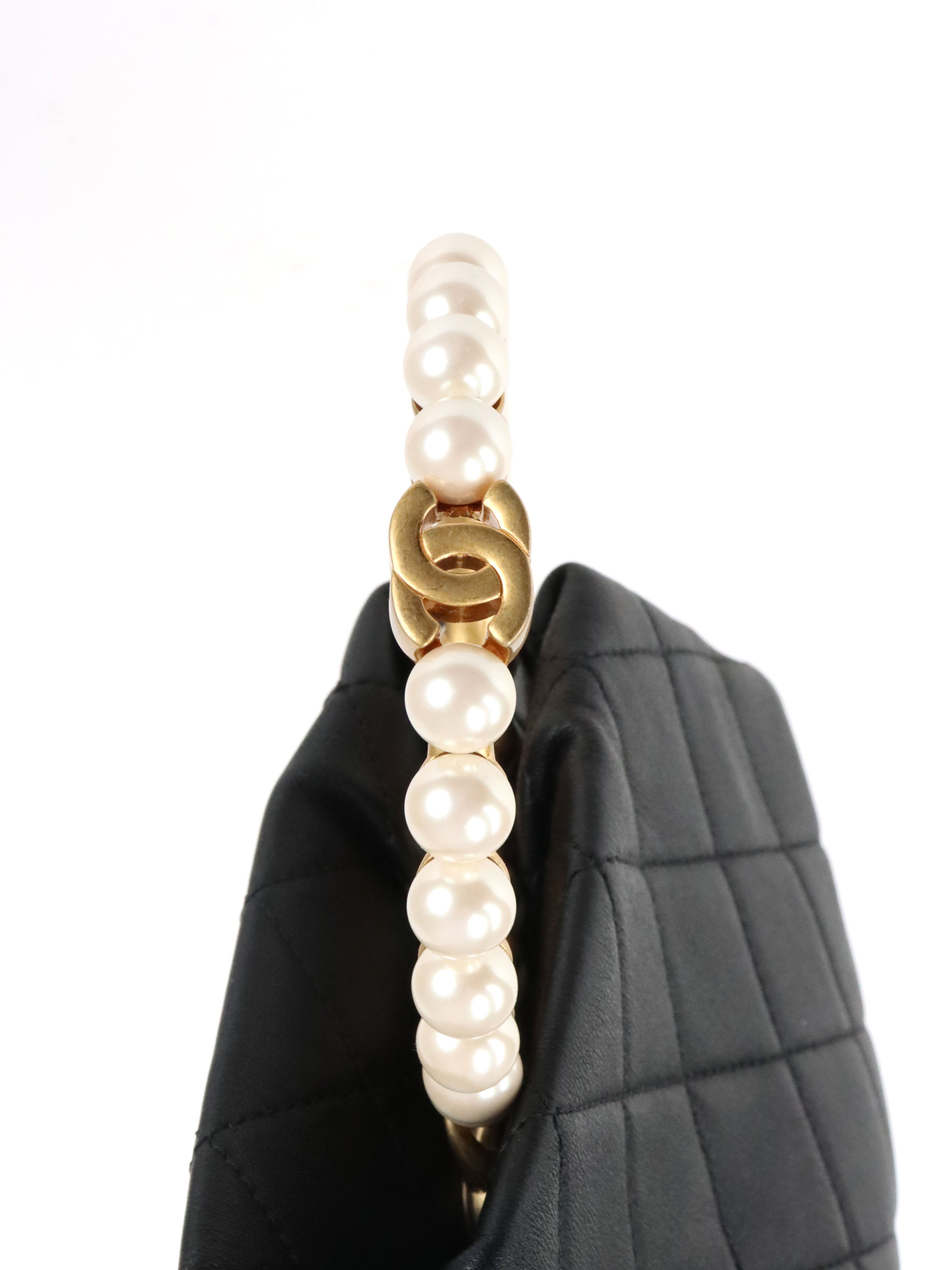 Chanel Black Lambskin with Pearl Crown Top Handle Clutch