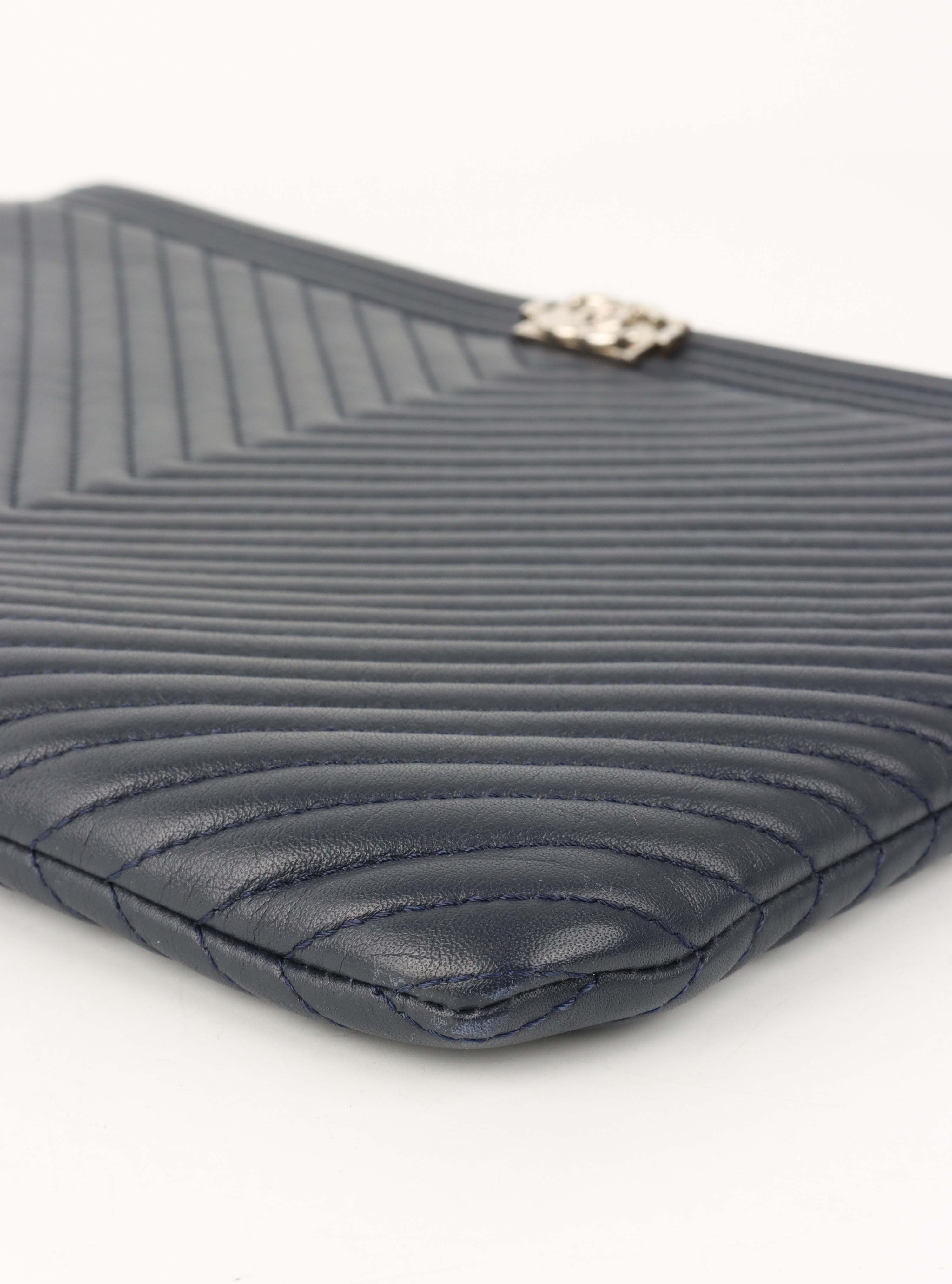 Chanel Navy Lambskin Medium Boy Chevron Pouch SHW.