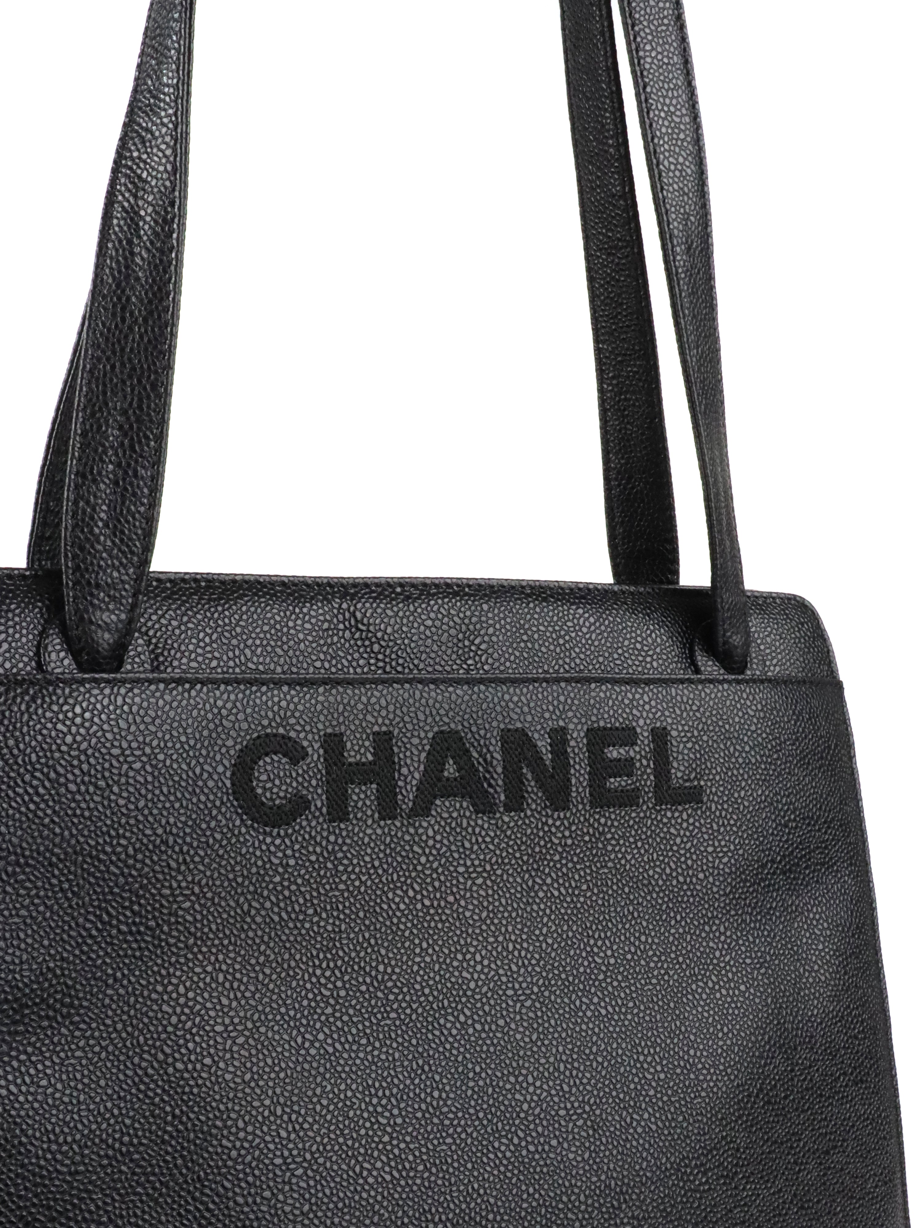 Chanel Vintage Stitched Logo Black Caviar Tote