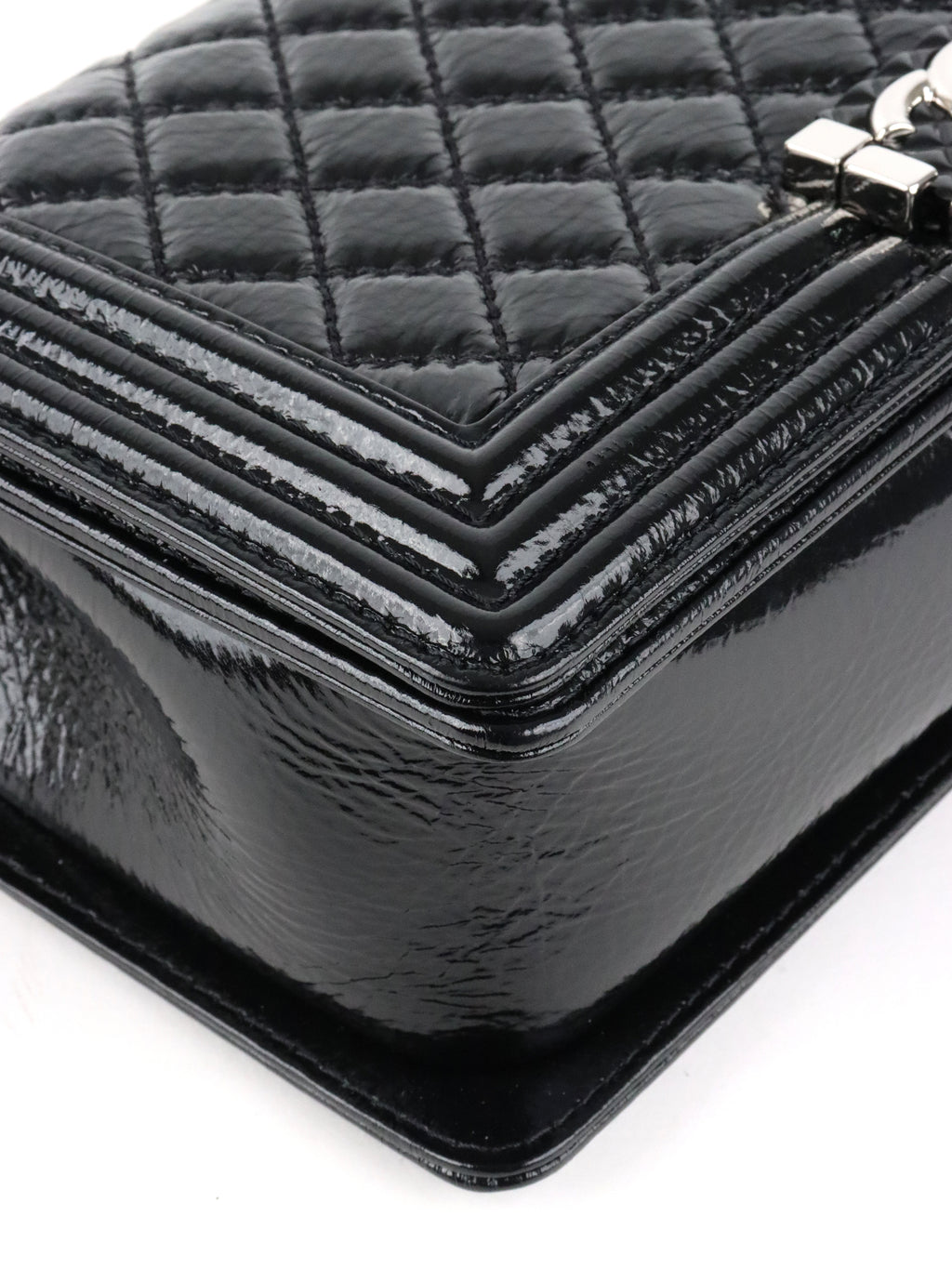 Chanel Black Crinkled Patent with Diamond Quilted Lock Medium Boy Bag
