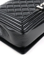 Chanel Black Crinkled Patent with Diamond Quilted Lock Medium Boy Bag