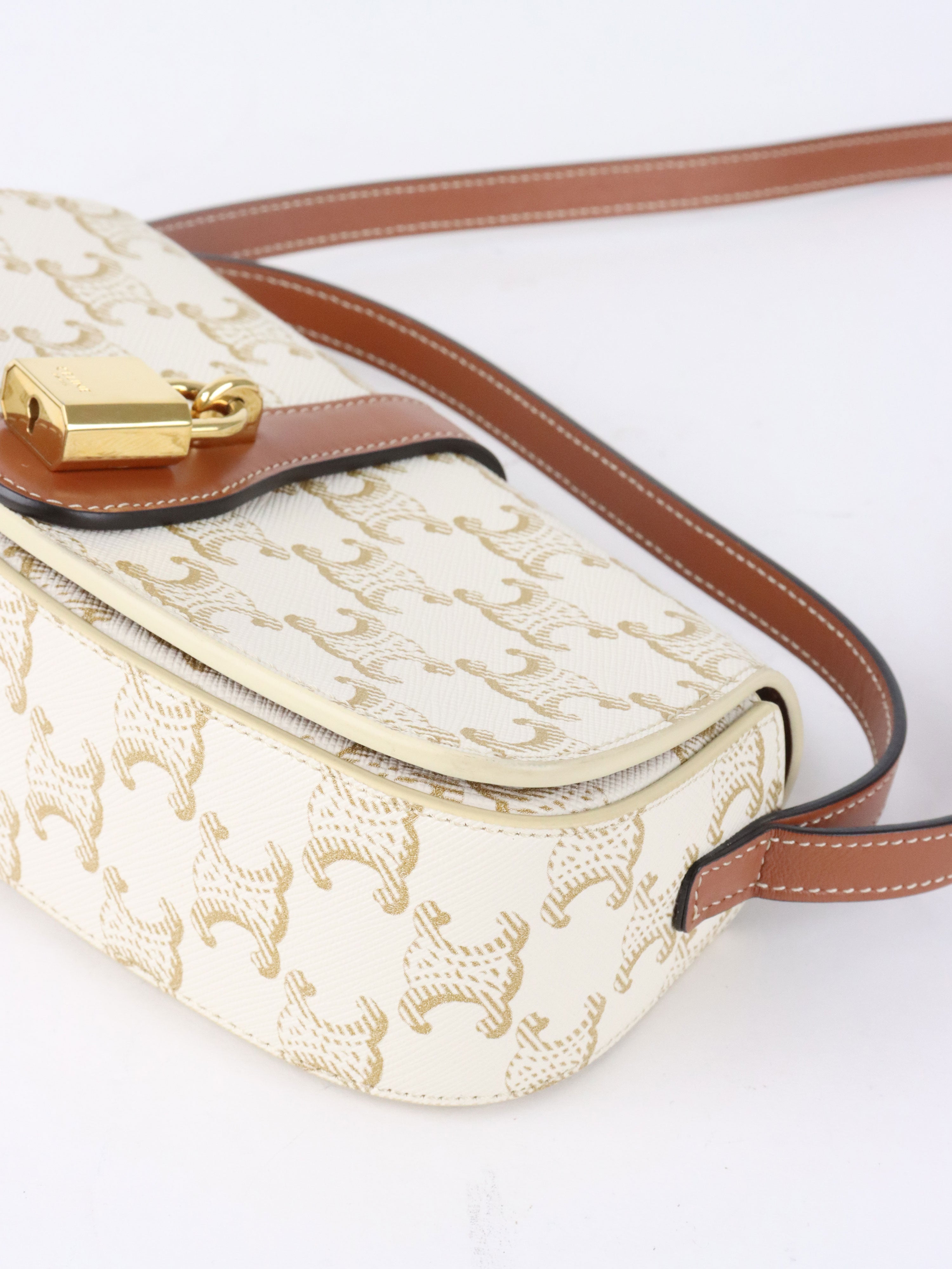 Celine White/Tan Triomphe Tabou Clutch with Strap
