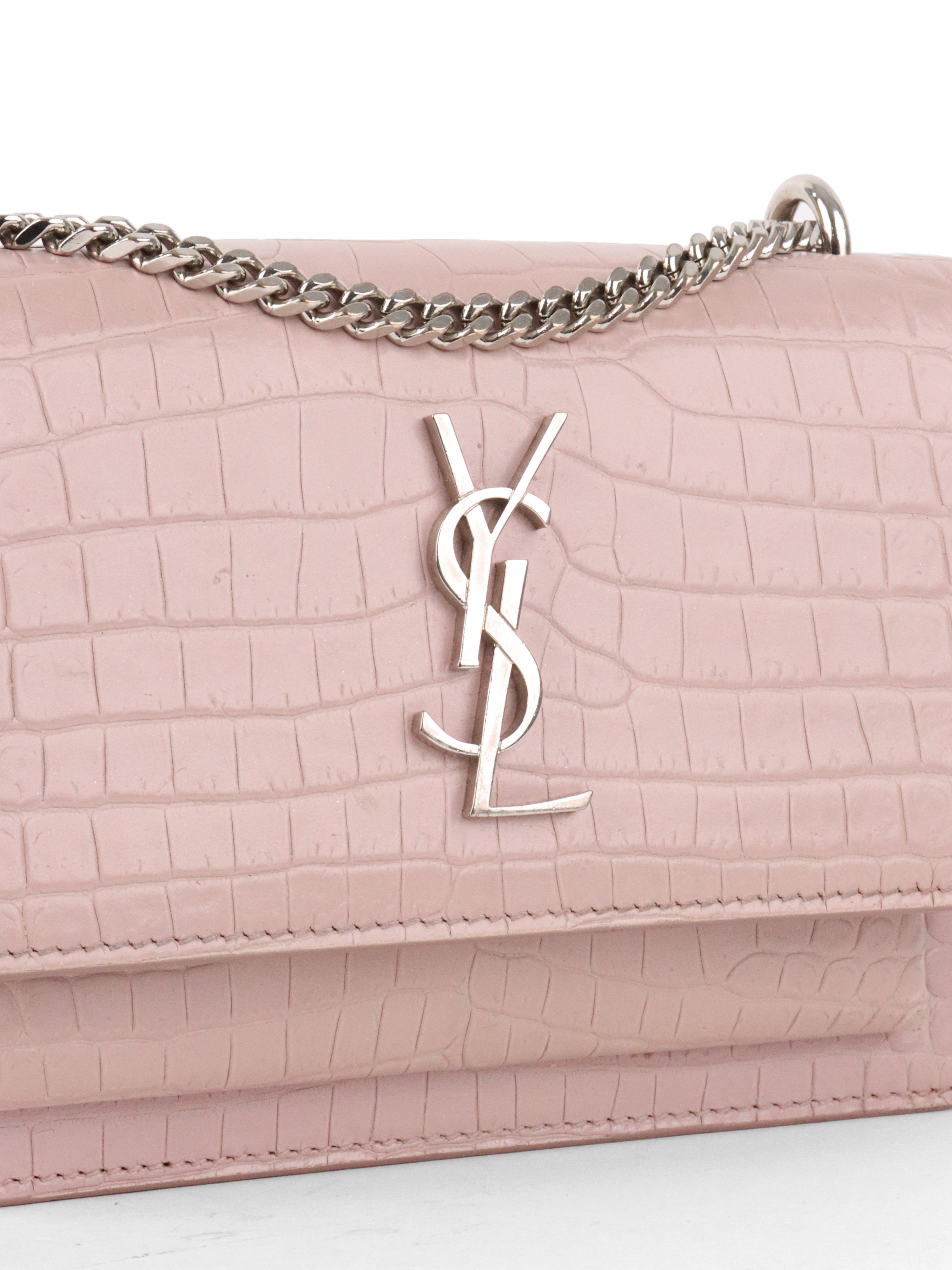 Saint Laurent Mini Pink Sunset Crocodile Embossed Leather Bag