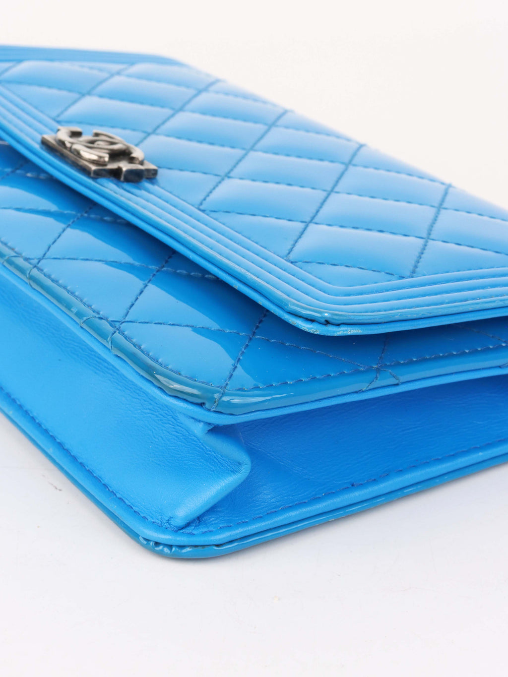 Chanel Bright Blue Patent Leather Le Boy Wallet on Chain.
