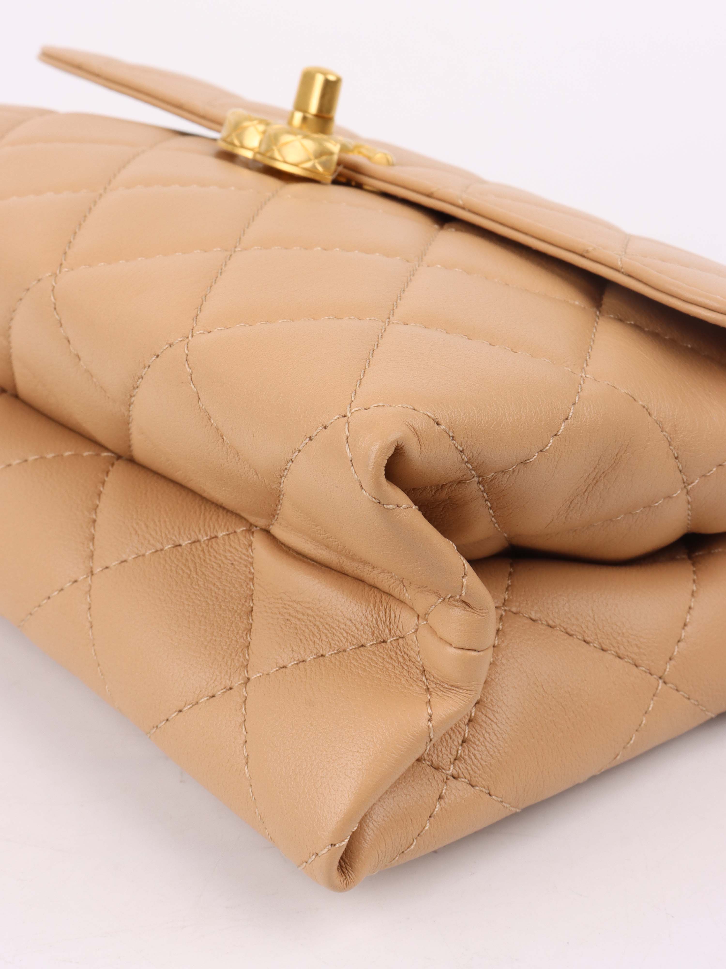 Chanel Beige Woven Chain Link Handle Flap Bag.