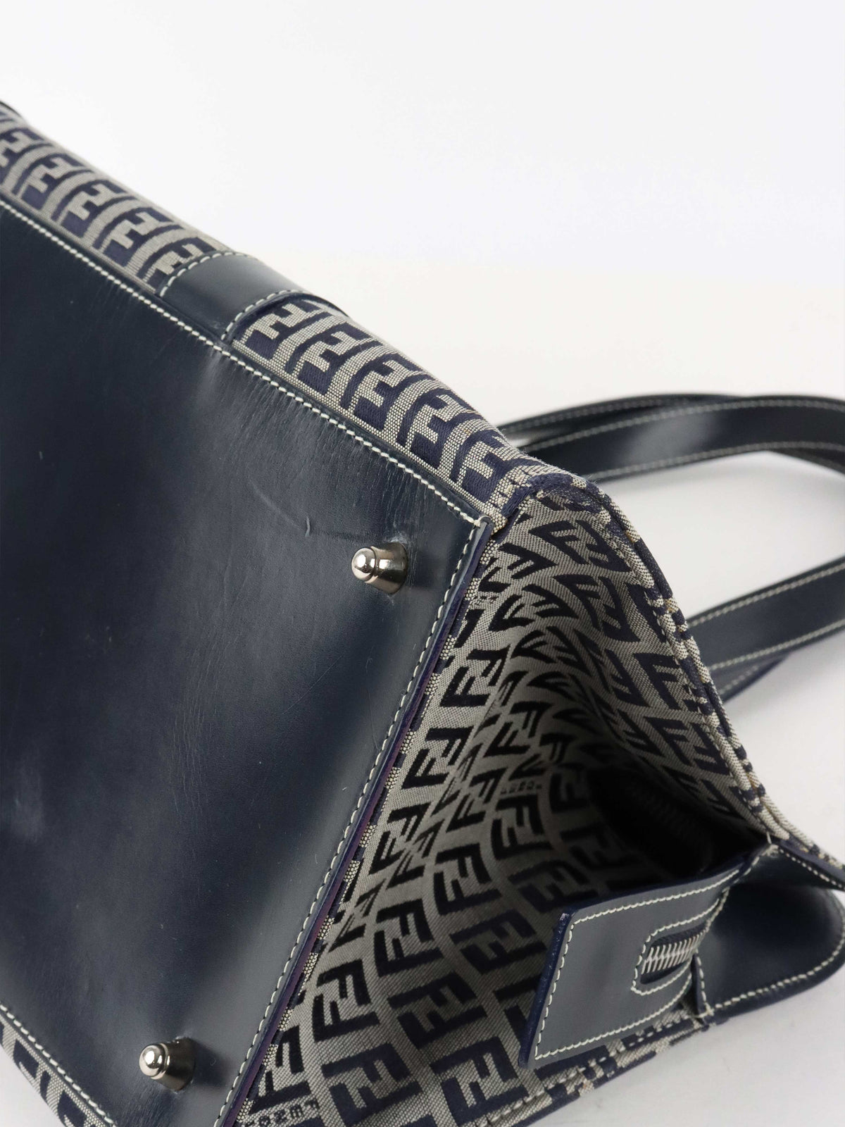 Fendi Vintage Navy Zucchino Canvas Boston Bag