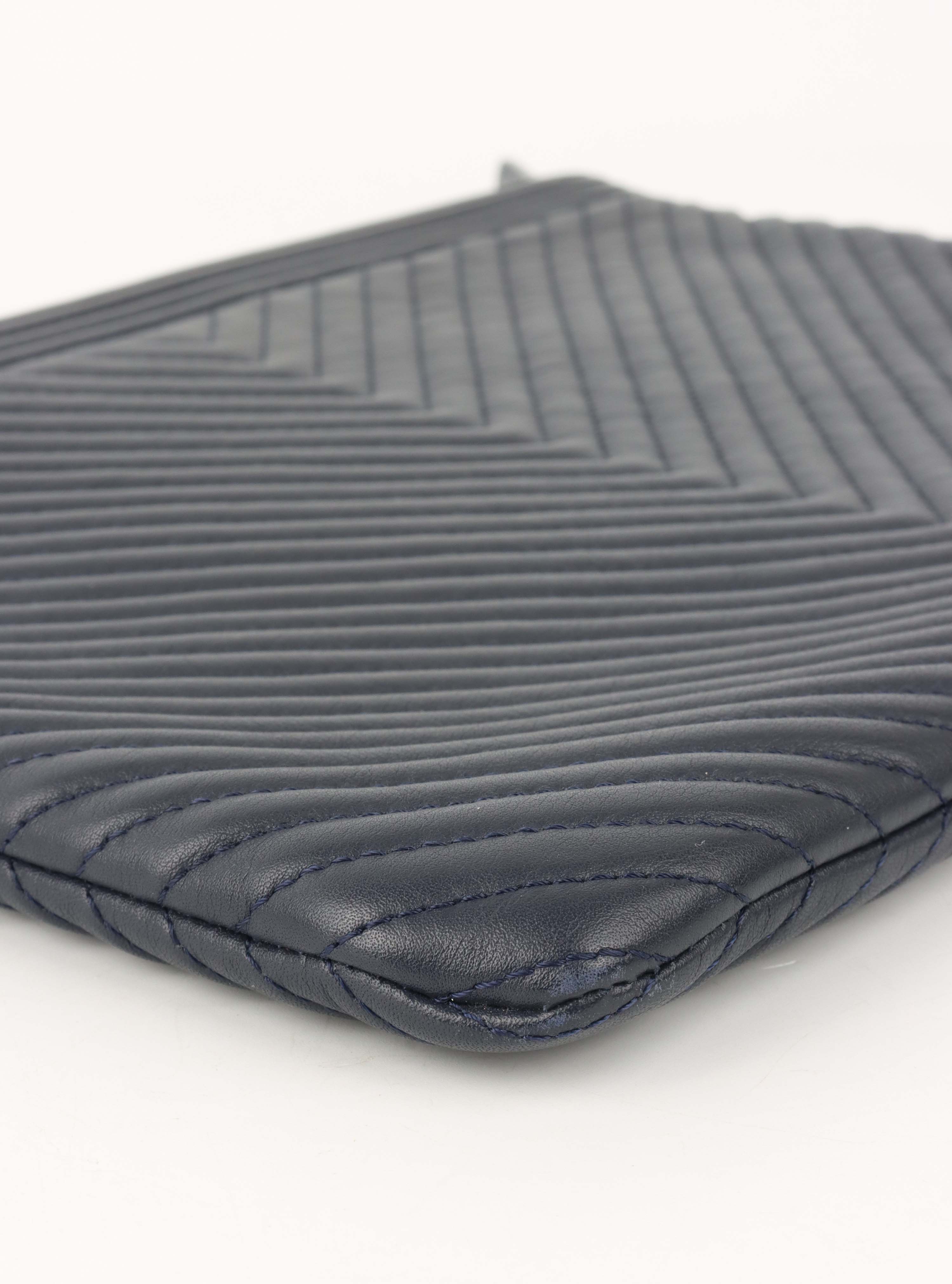 Chanel Navy Lambskin Medium Boy Chevron Pouch SHW.