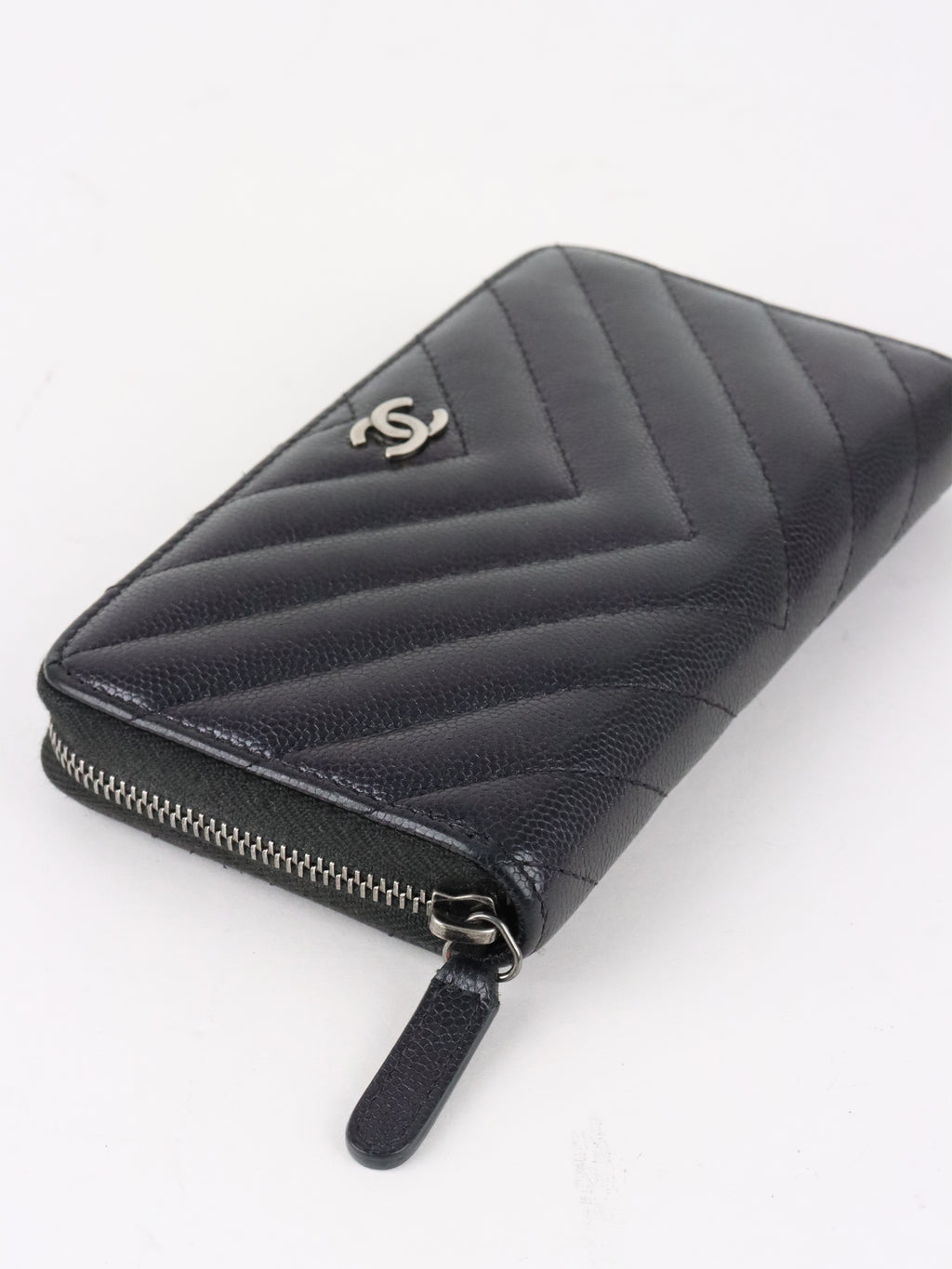 Chanel Irredescent Dark Charcoal Caviar Chevron Zip Wallet