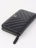 Chanel Irredescent Dark Charcoal Caviar Chevron Zip Wallet
