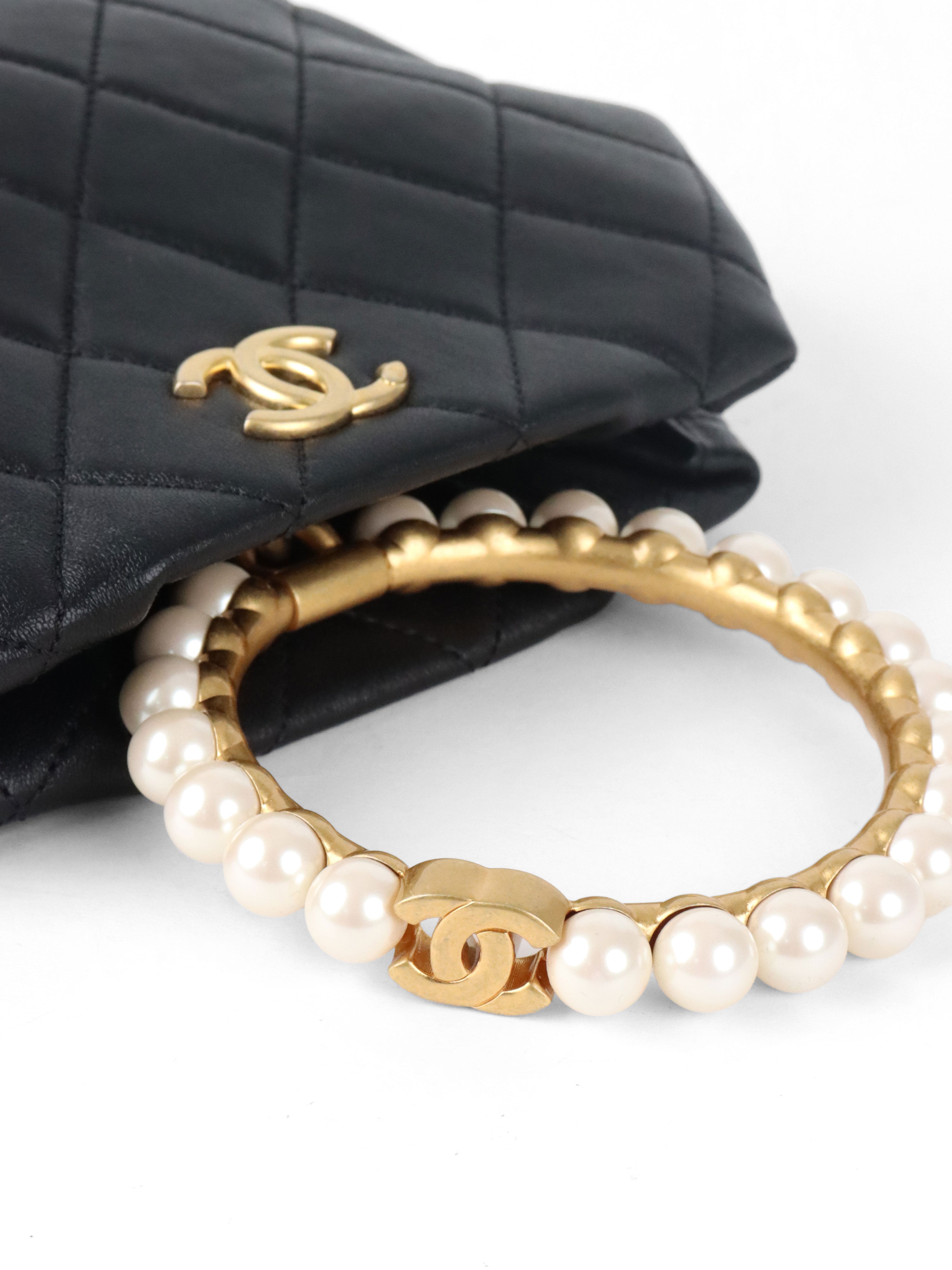 Chanel Black Lambskin with Pearl Crown Top Handle Clutch