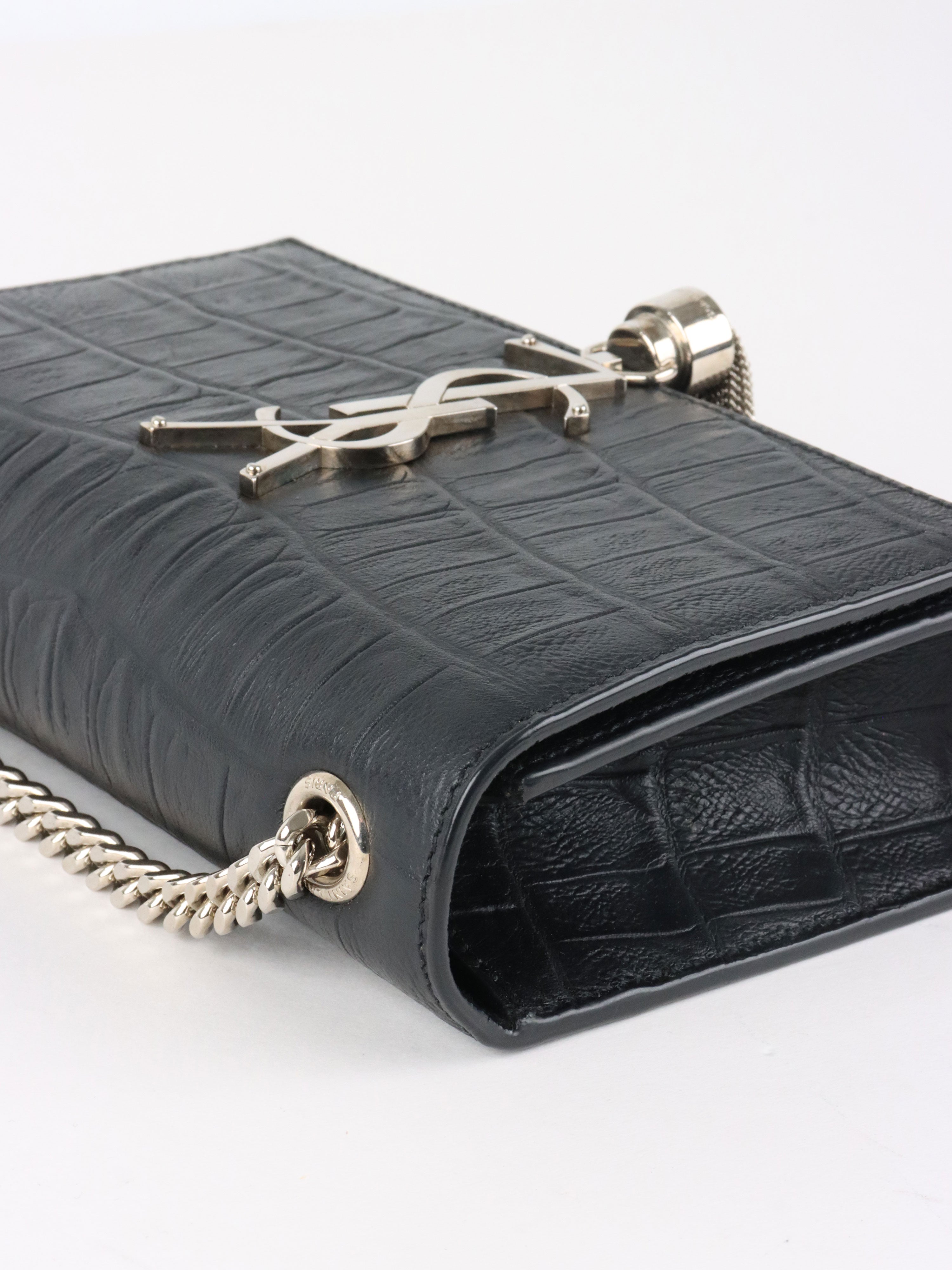 Saint Laurent Black Small Croc Embossed Kate Tassel SHW