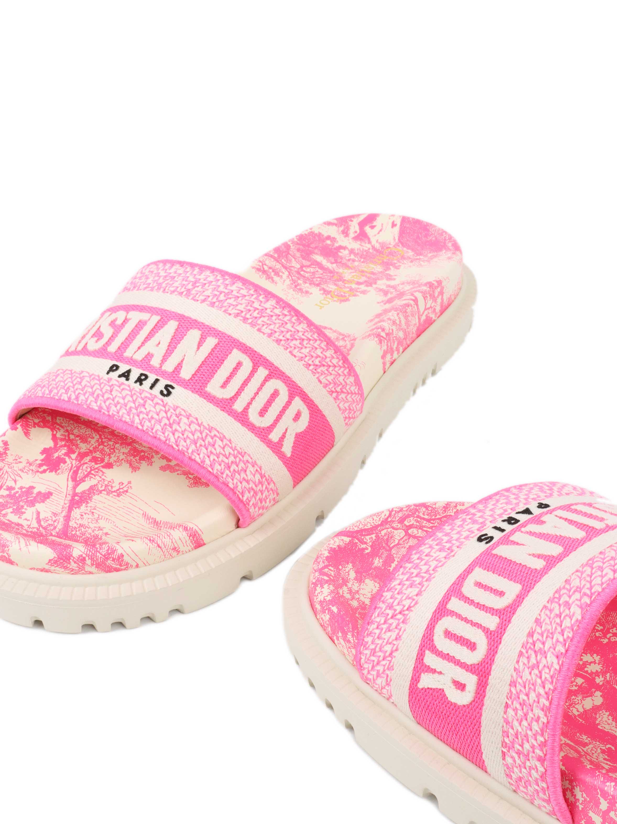 Dior Dway Rubber Slides in White & Fluro Pink.