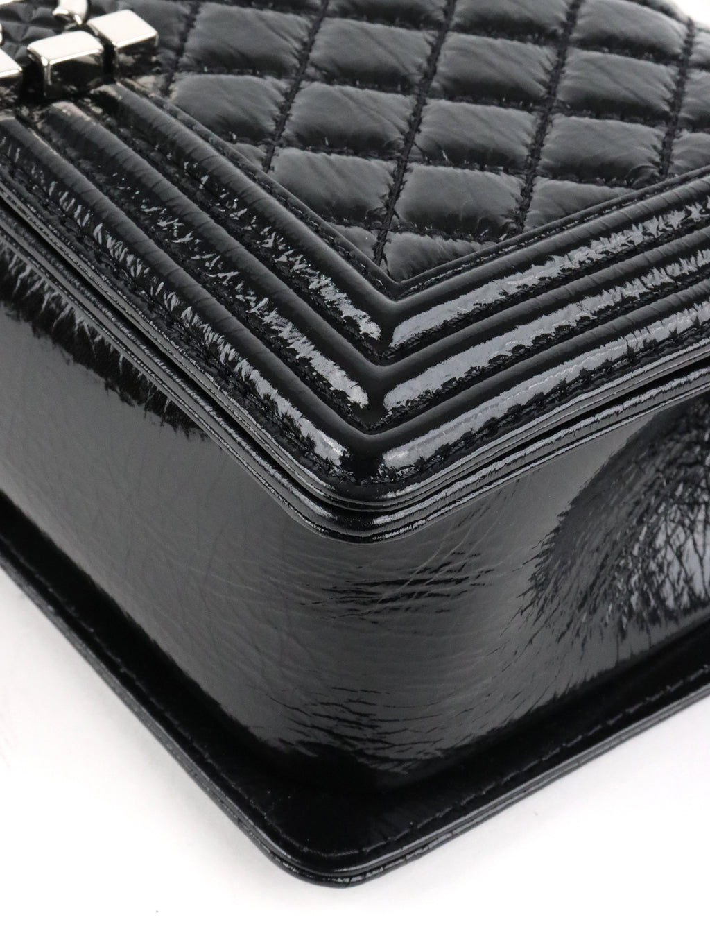 Chanel Black Crinkled Patent with Diamond Quilted Lock Medium Boy Bag