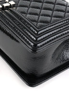 Chanel Black Crinkled Patent with Diamond Quilted Lock Medium Boy Bag
