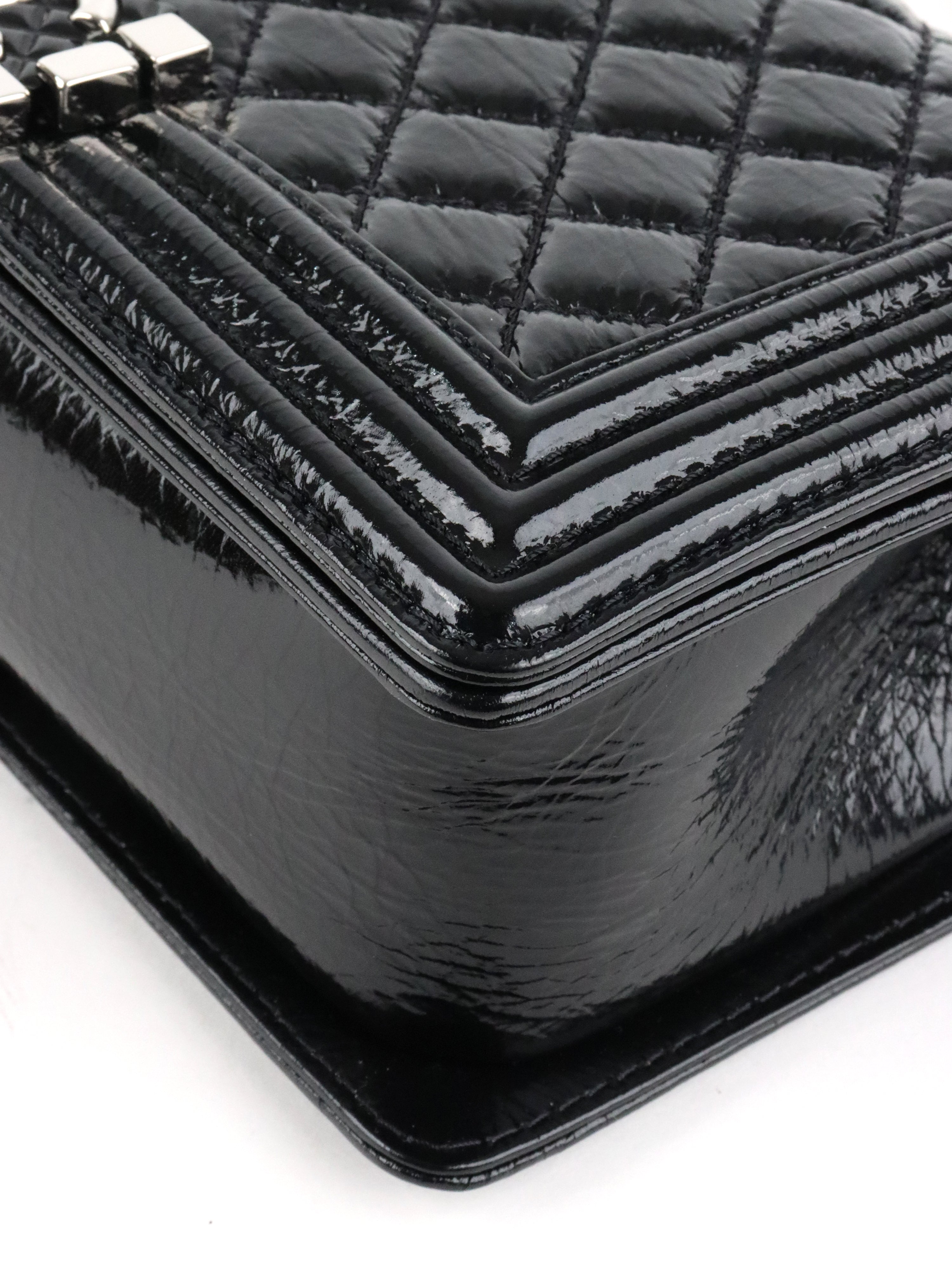 Chanel Black Crinkled Patent with Diamond Quilted Lock Medium Boy Bag