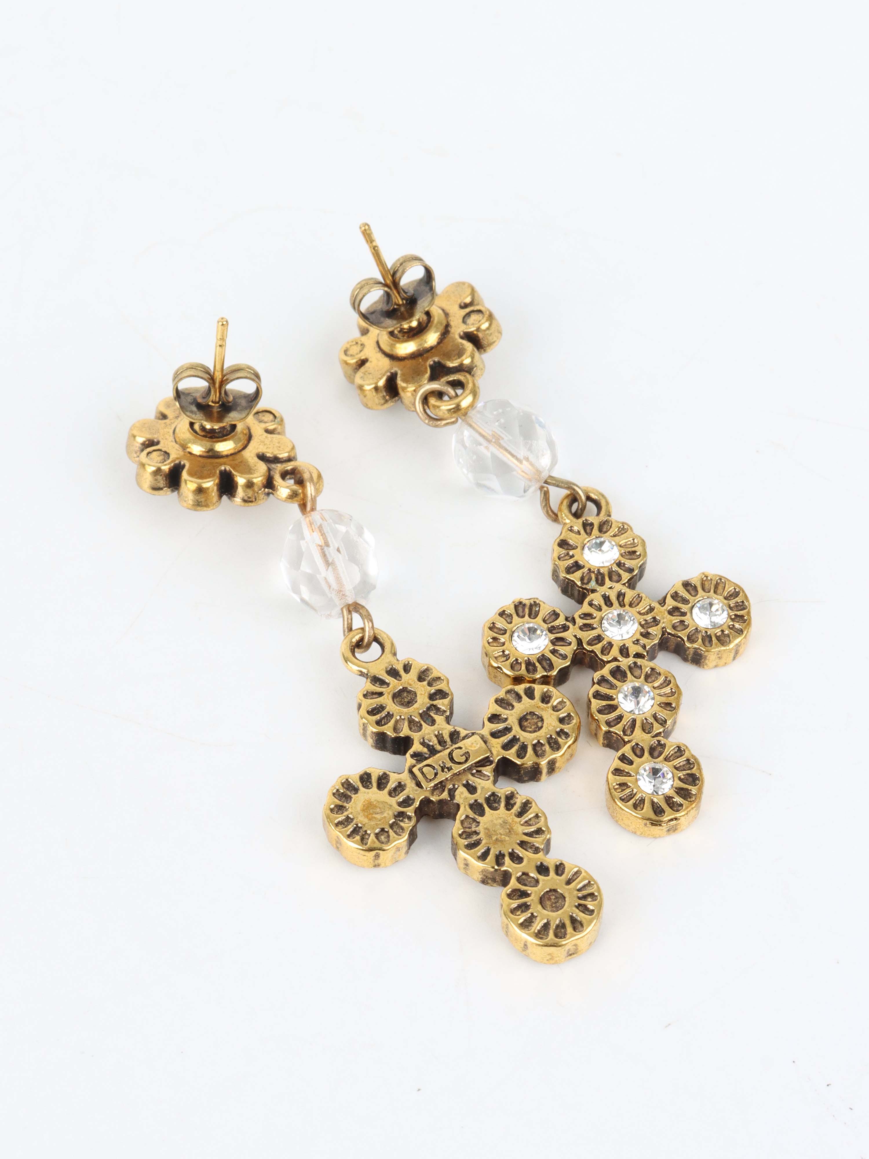 Dolce & Gabbana Rare Vintage Gold Metal with Baroque Crosses White-beads Set of Bracelet and Earring