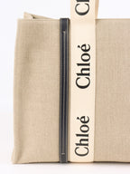 Chloe Large White & Blue Woody Tote Bag in Linen.