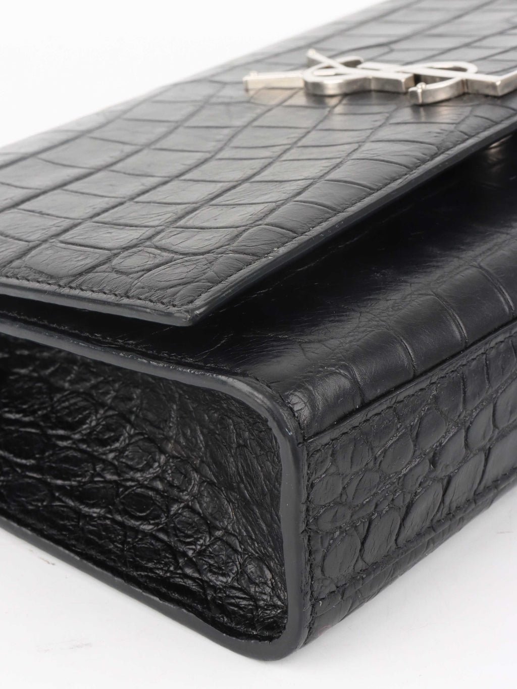 Saint Laurent Black Crocodile Embossed Chain Top Handle Kate Bag.