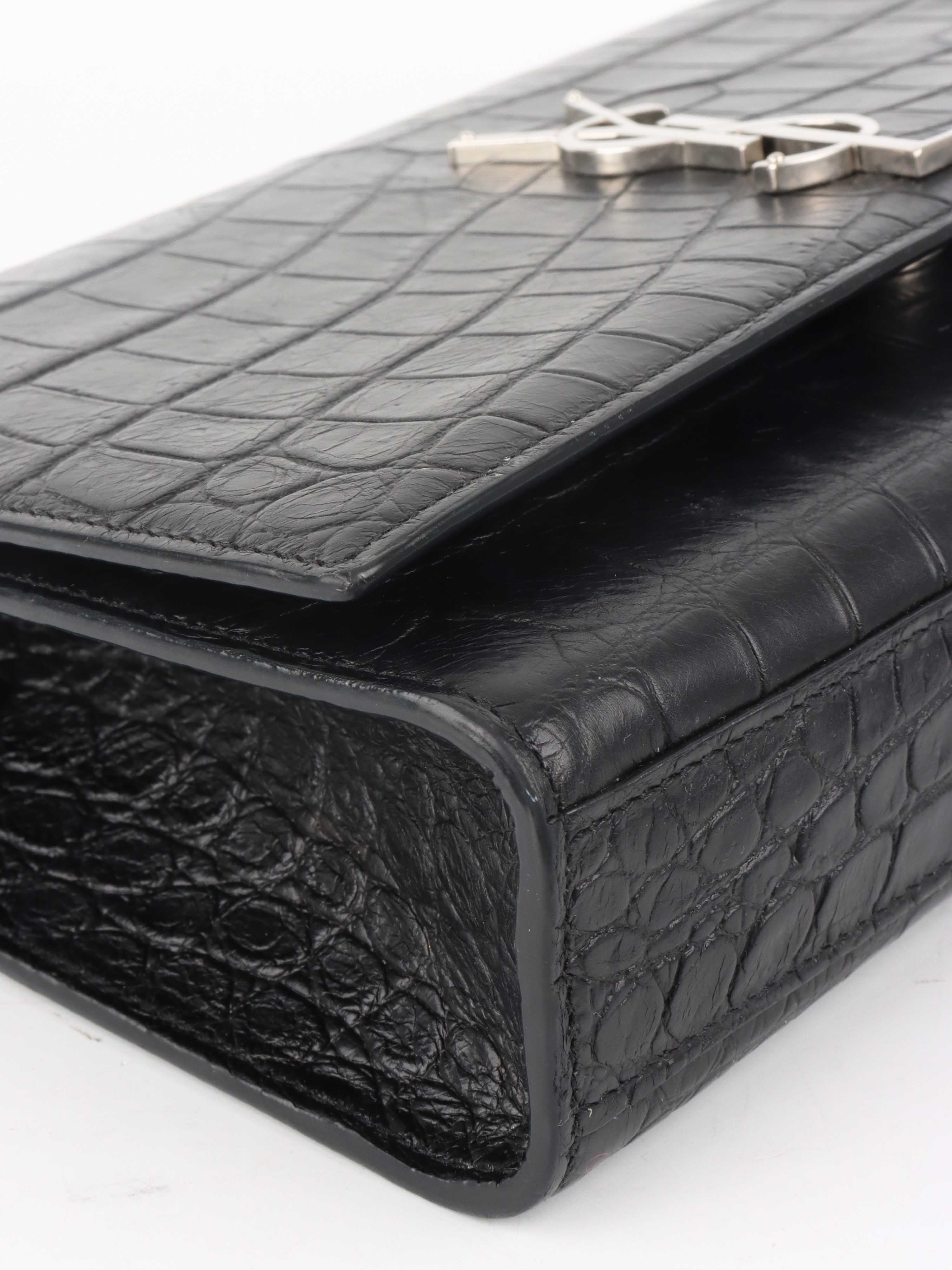 Saint Laurent Black Crocodile Embossed Chain Top Handle Kate Bag.