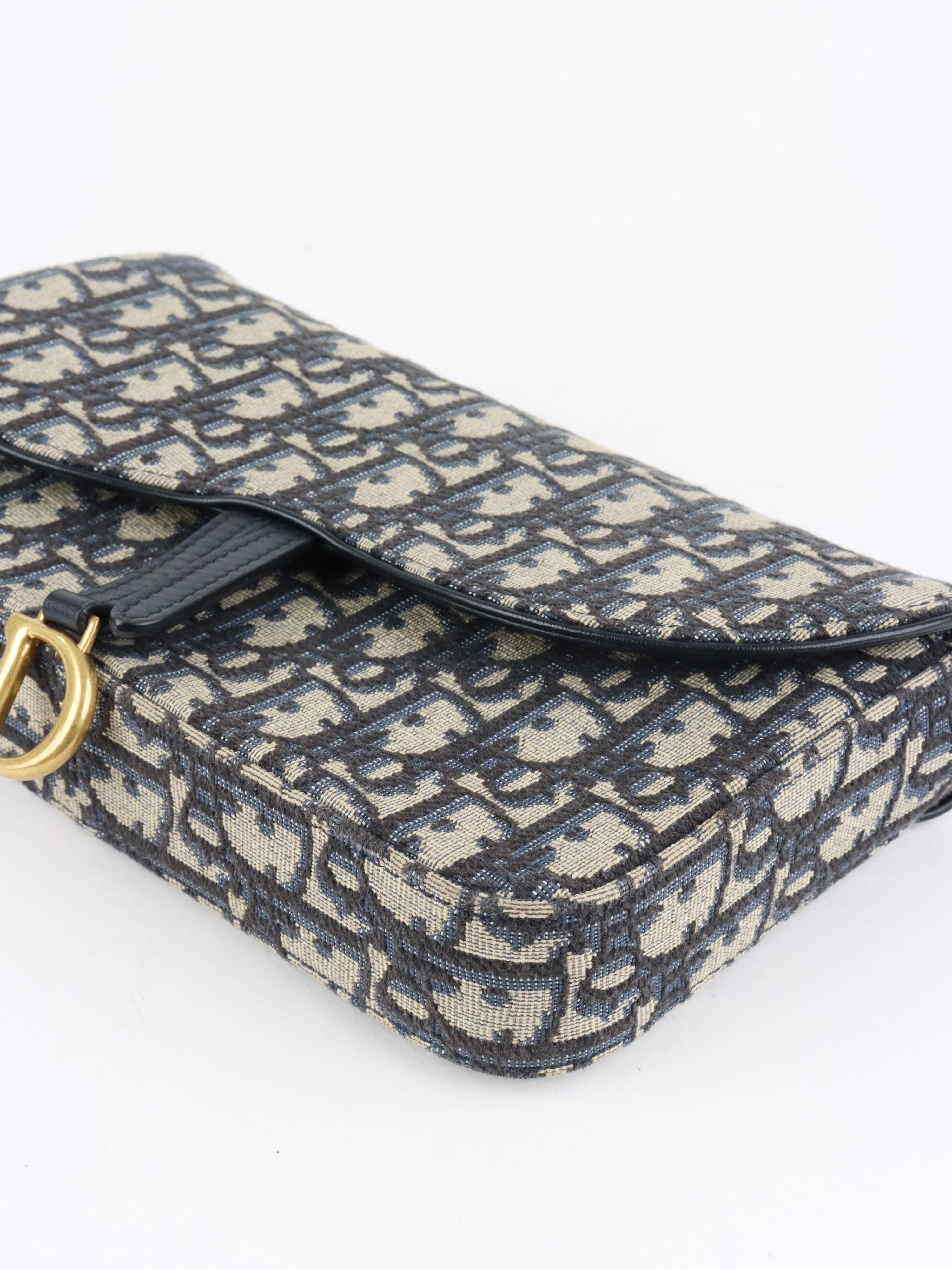 Dior Blue Oblique Jacquard Medium Saddle Pouch with Chain