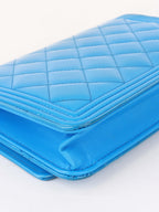 Chanel Bright Blue Patent Leather Le Boy Wallet on Chain.