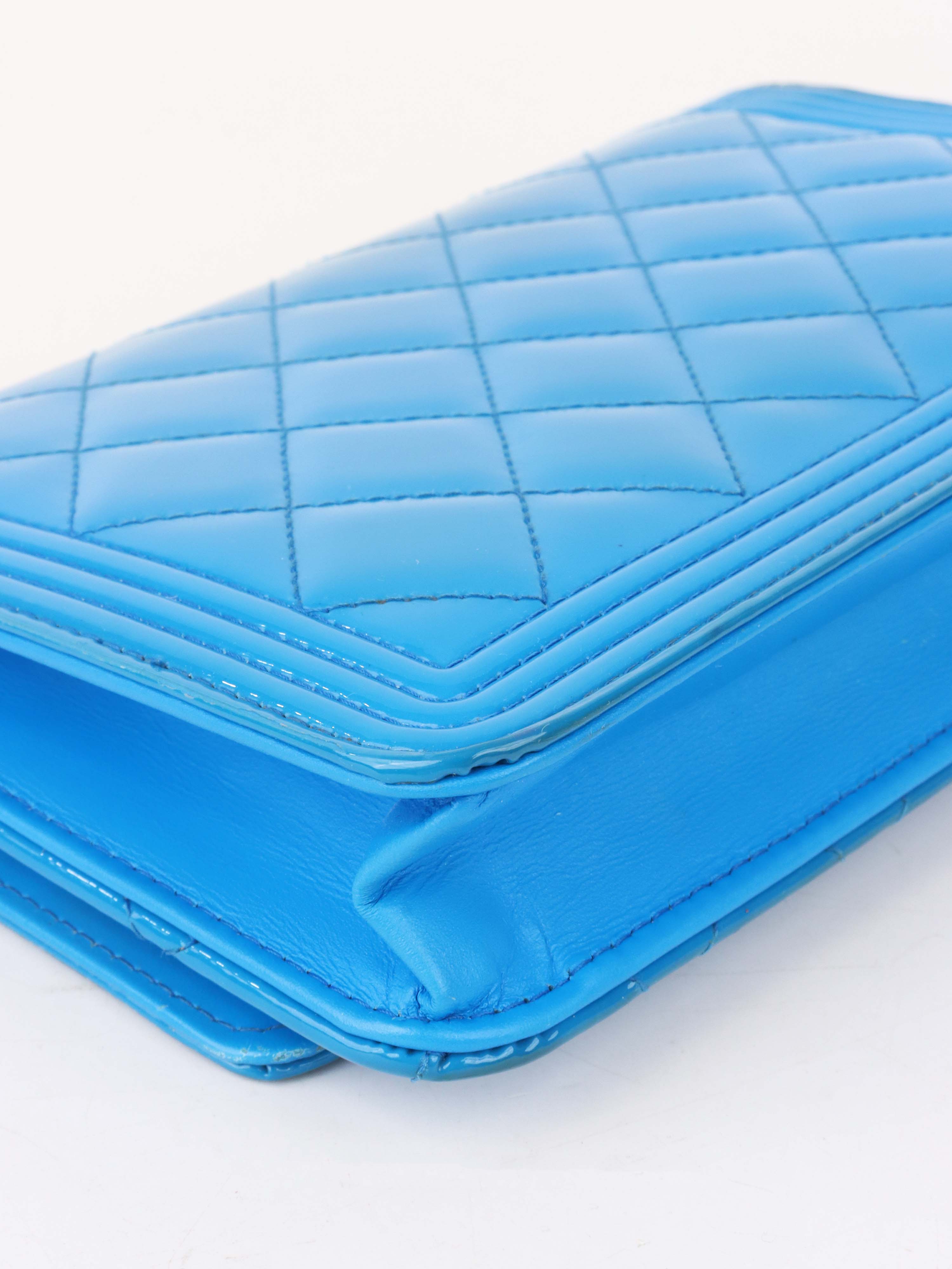 Chanel Bright Blue Patent Leather Le Boy Wallet on Chain.