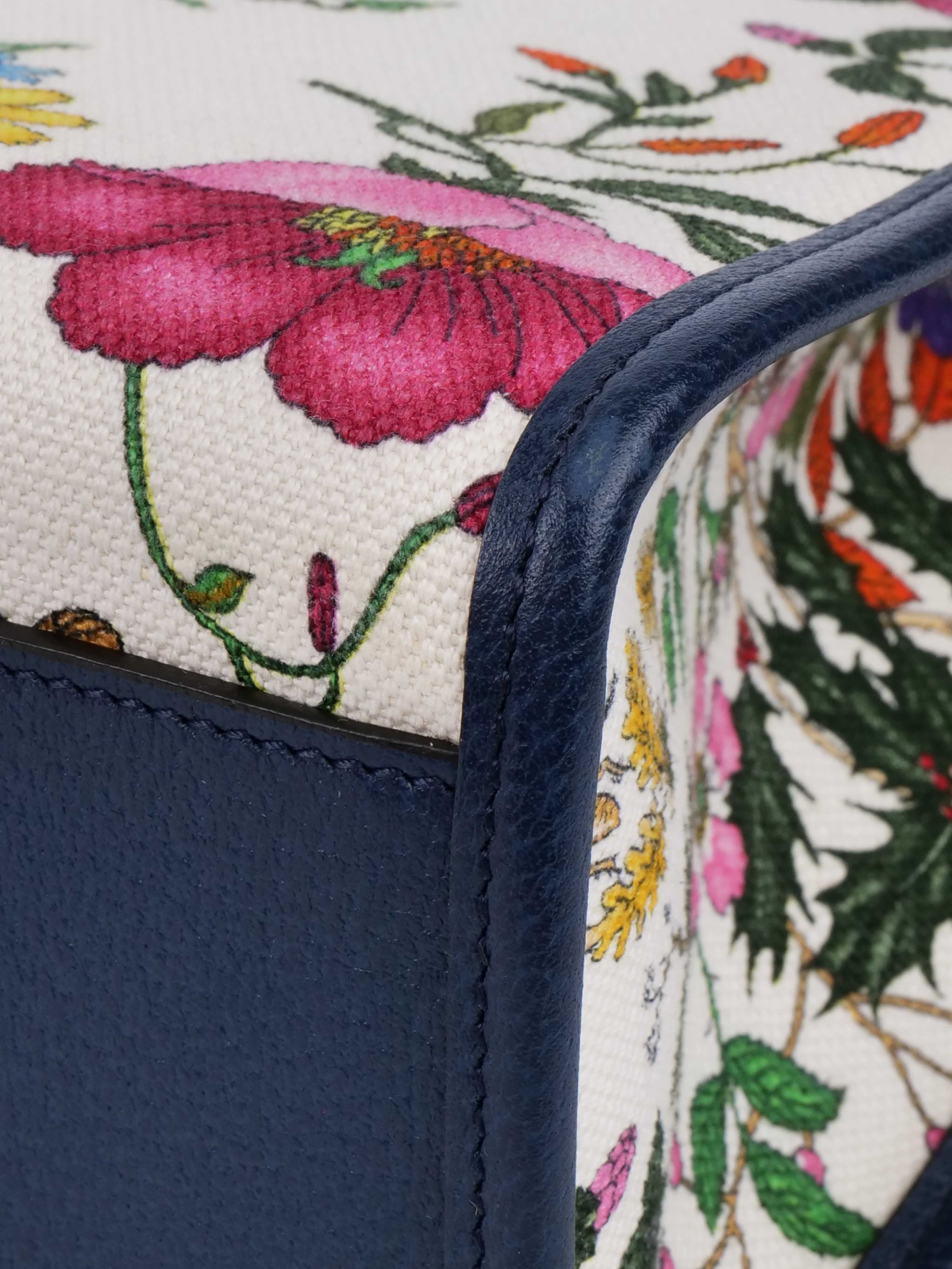 Gucci Floral Canvas Tote with Blue Leather Trim.