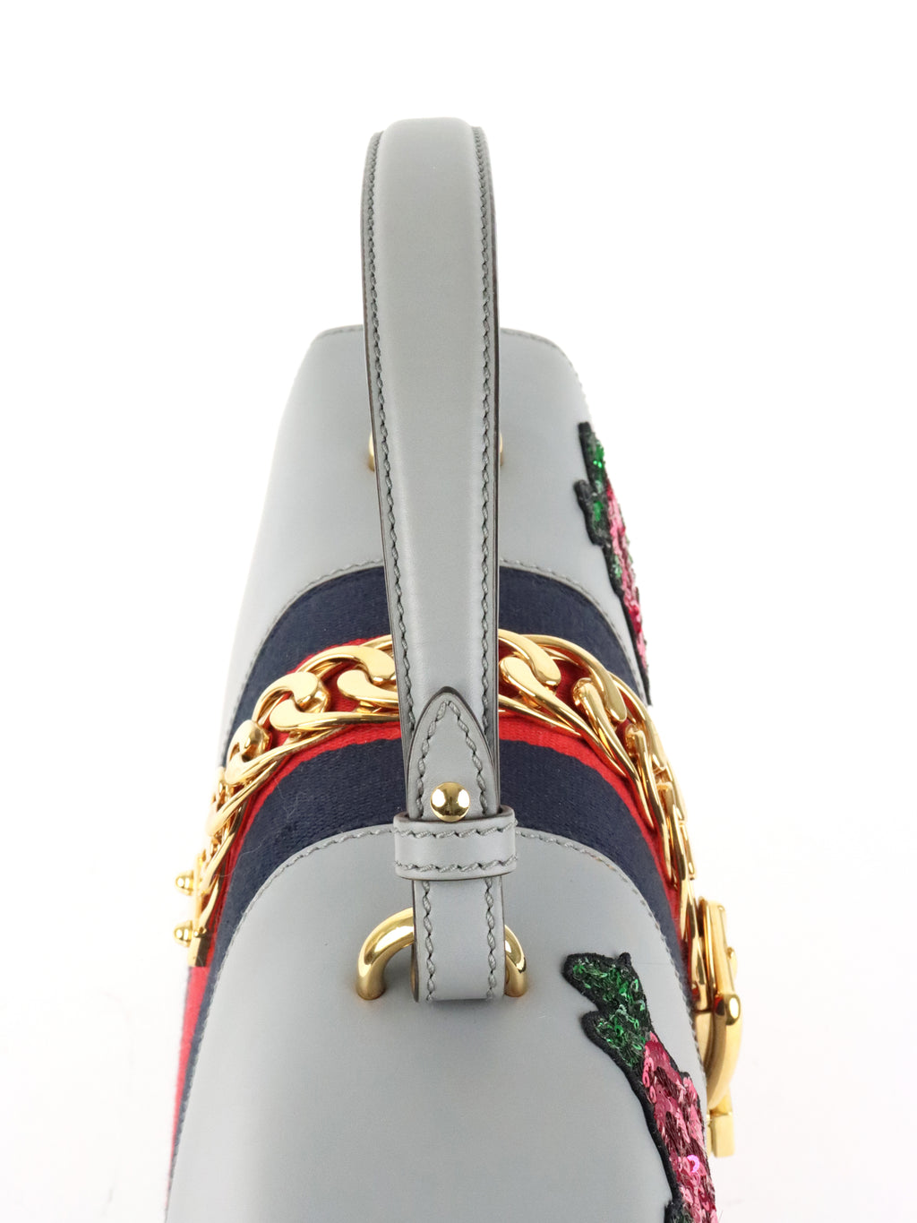 Gucci Medium Grey Floral Sequin Sylvie Top Handle Bag