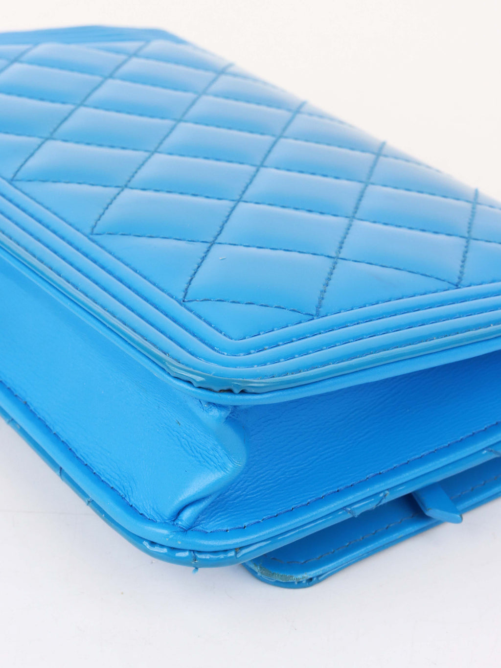 Chanel Bright Blue Patent Leather Le Boy Wallet on Chain.