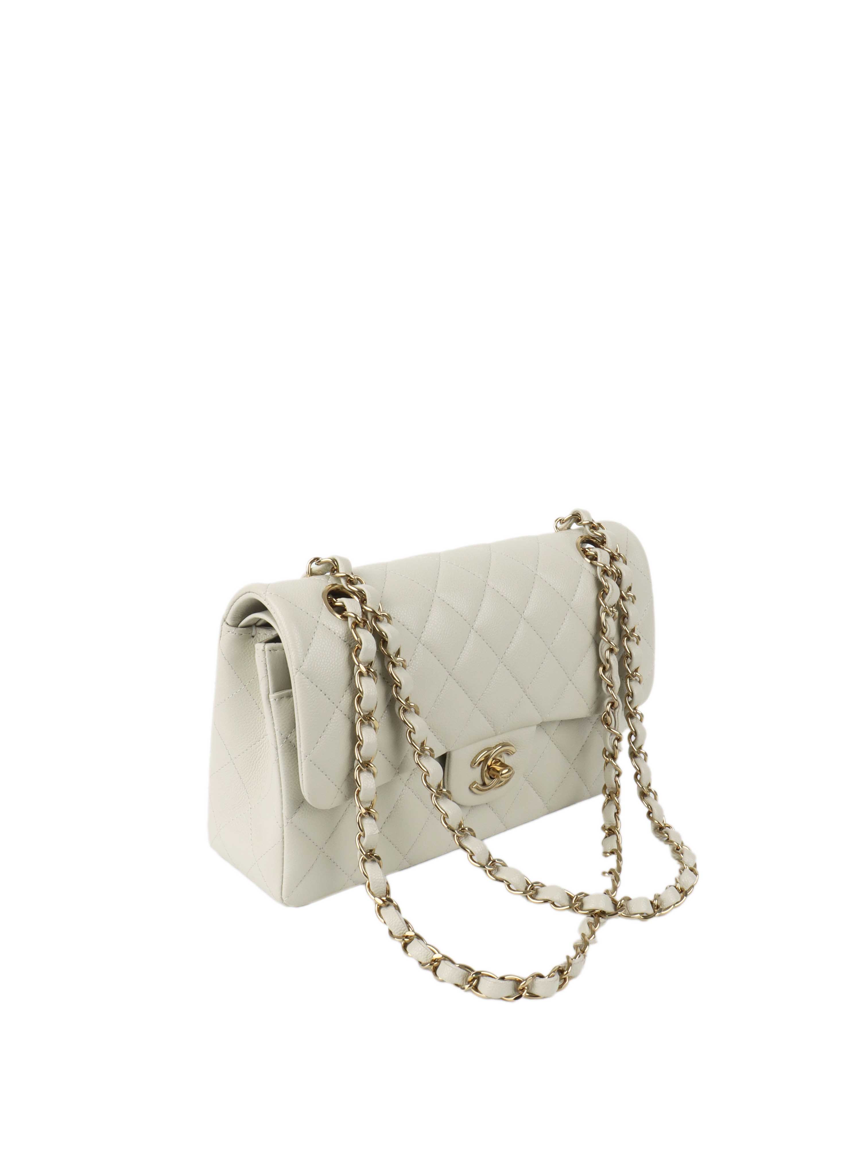 Chanel 21A  Light Grey Caviar Small Classic Flap LGHW.